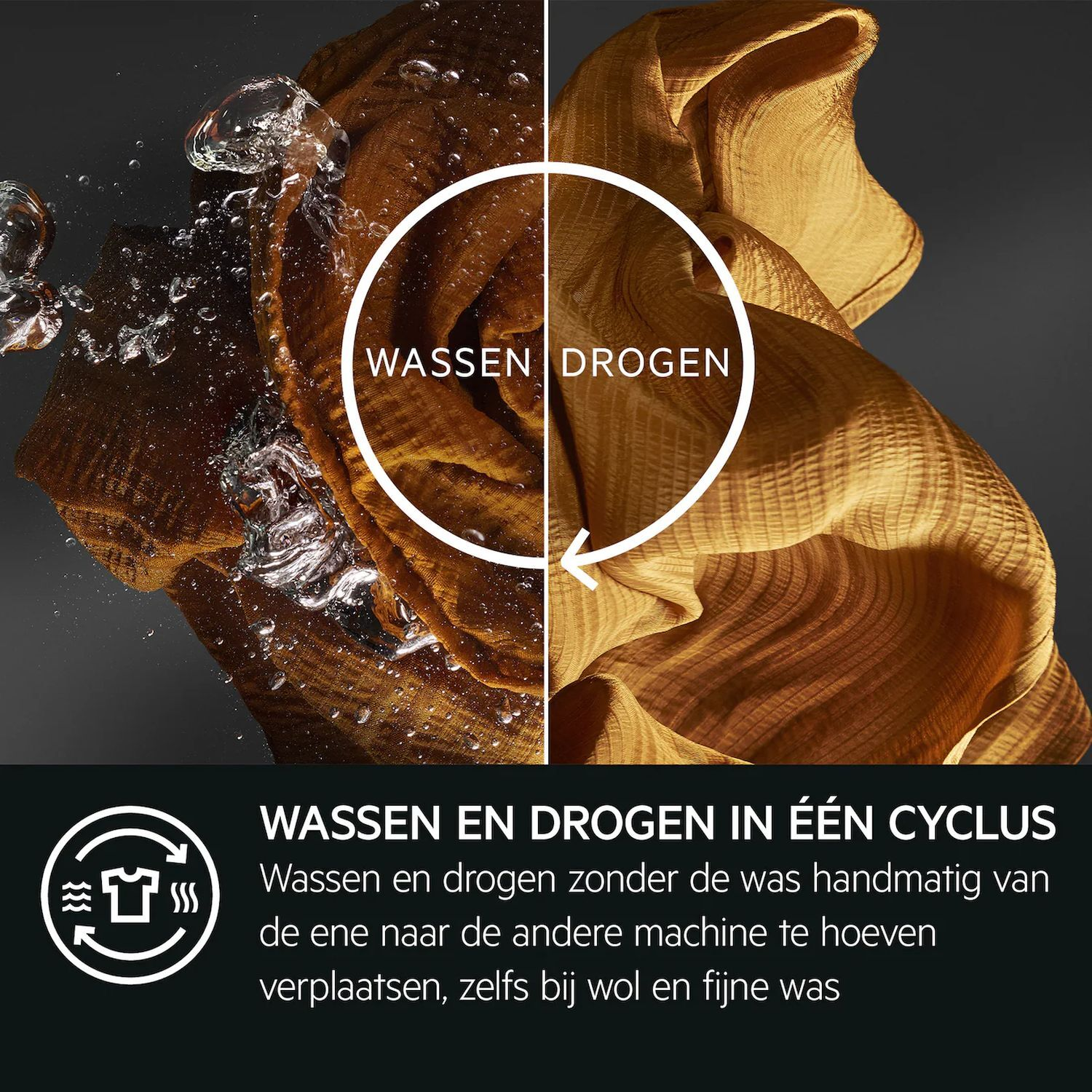 Fabric being washed and dried in a machine. Icon of washing and drying clothes in a single cycle.