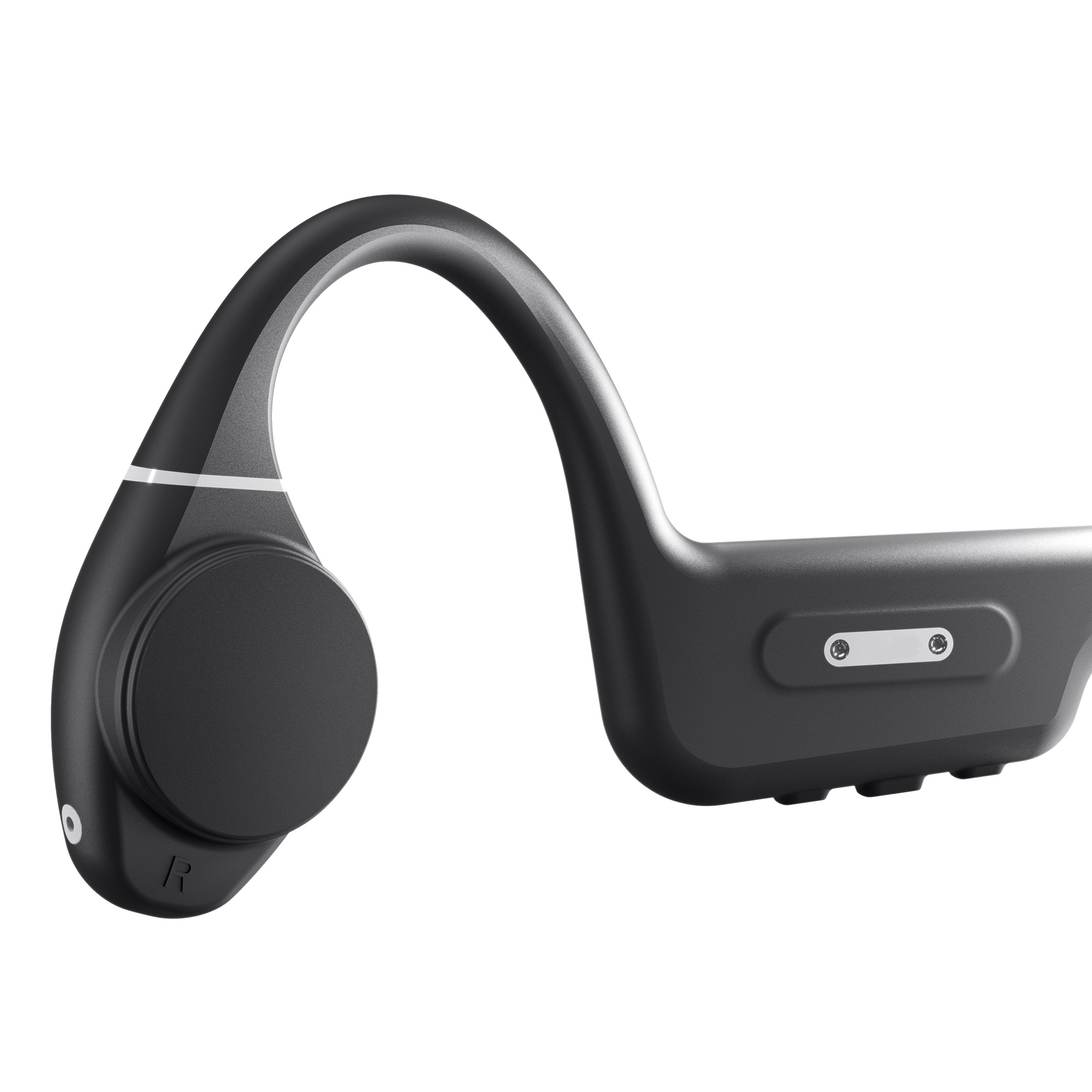 Auriculares de conducción ósea negros. El diseño rodea la oreja, con un altavoz circular.