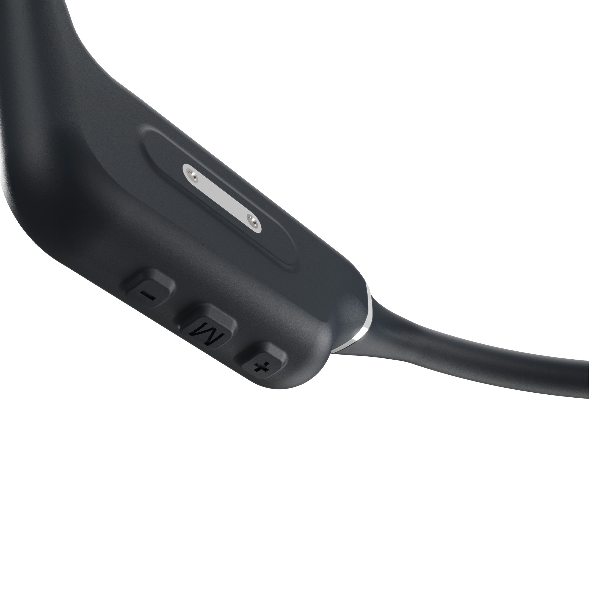 Un auricular negro con botones y un diseño curvo.