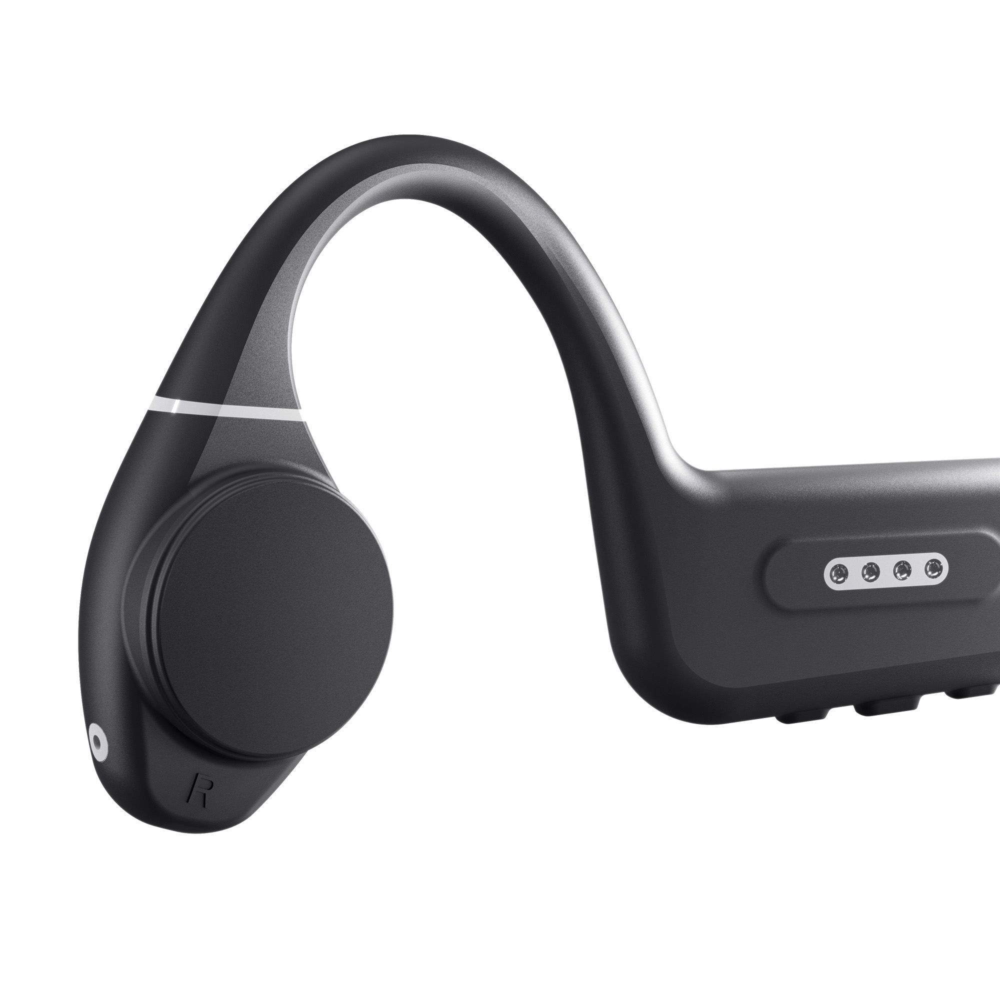 Auriculares de conducción ósea negros con tres botones.