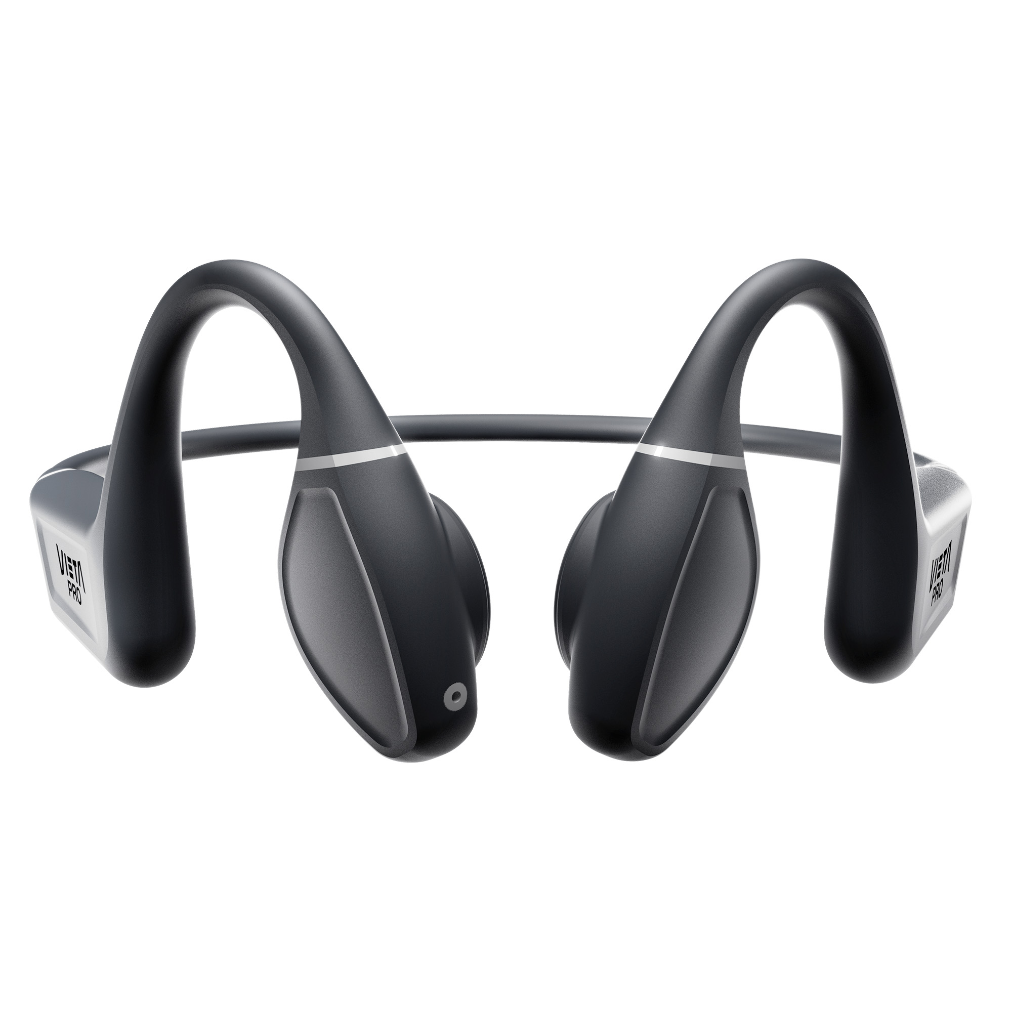 Auriculares de conducción ósea negros con una banda plateada y texto. Aislados sobre blanco.