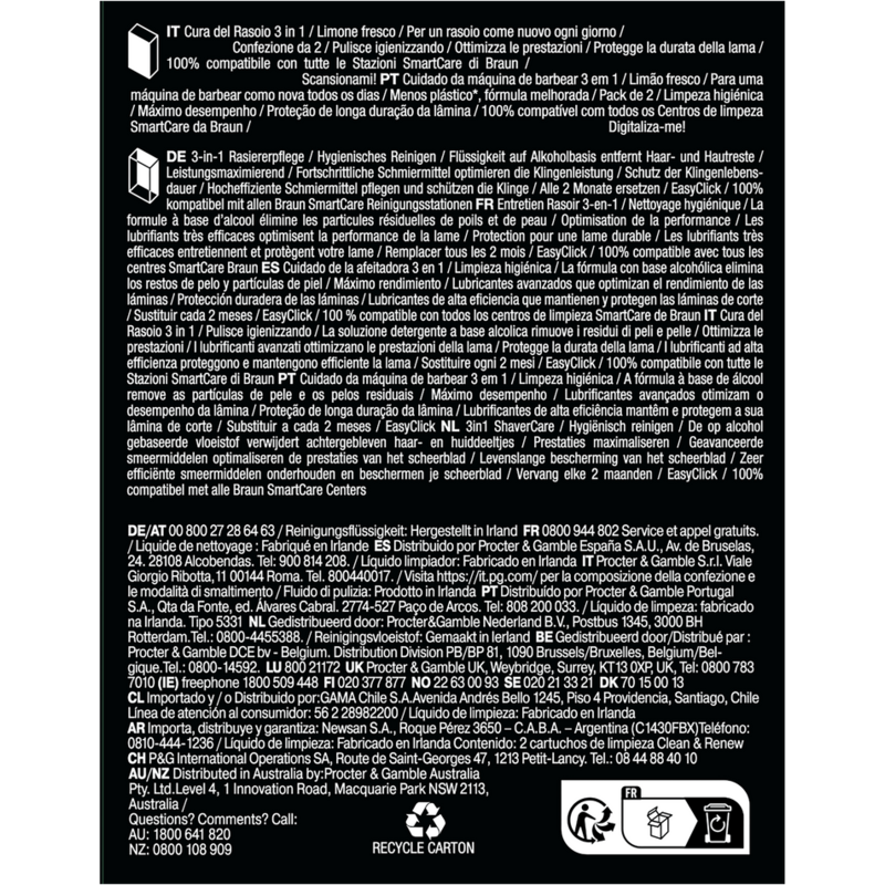 Caja con texto en varios idiomas, incluyendo información sobre el producto.