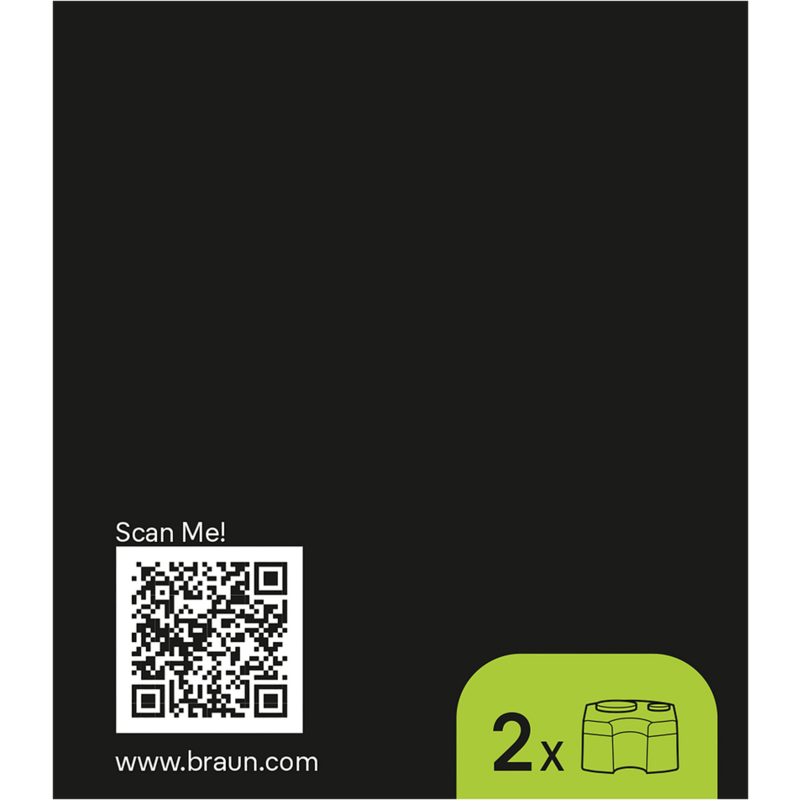 Caja negra con código QR, texto 'www.braun.com' y símbolo verde.