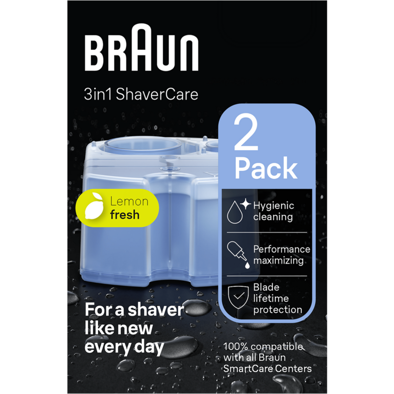 Caja azul y blanca Braun 3en1 ShaverCare. Muestra características y etiqueta 'Lemon fresh'.