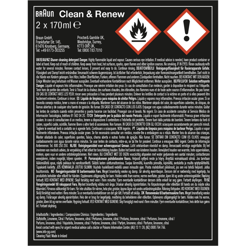 Una caja Braun Clean & Renew con información del producto y advertencias en varios idiomas.