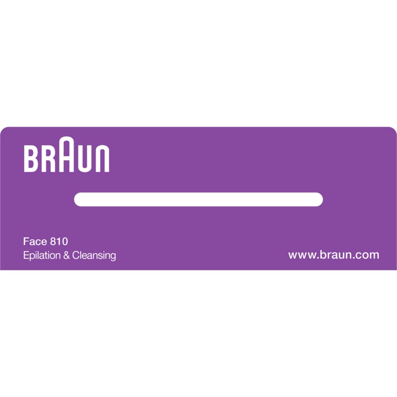 Caja púrpura de Braun con texto: face 810, epilación y limpieza.