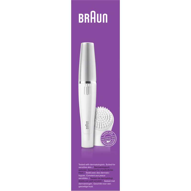 Dispositivo Braun FaceSpa blanco con logo y etiqueta: 'Tested with sensitive skin'.