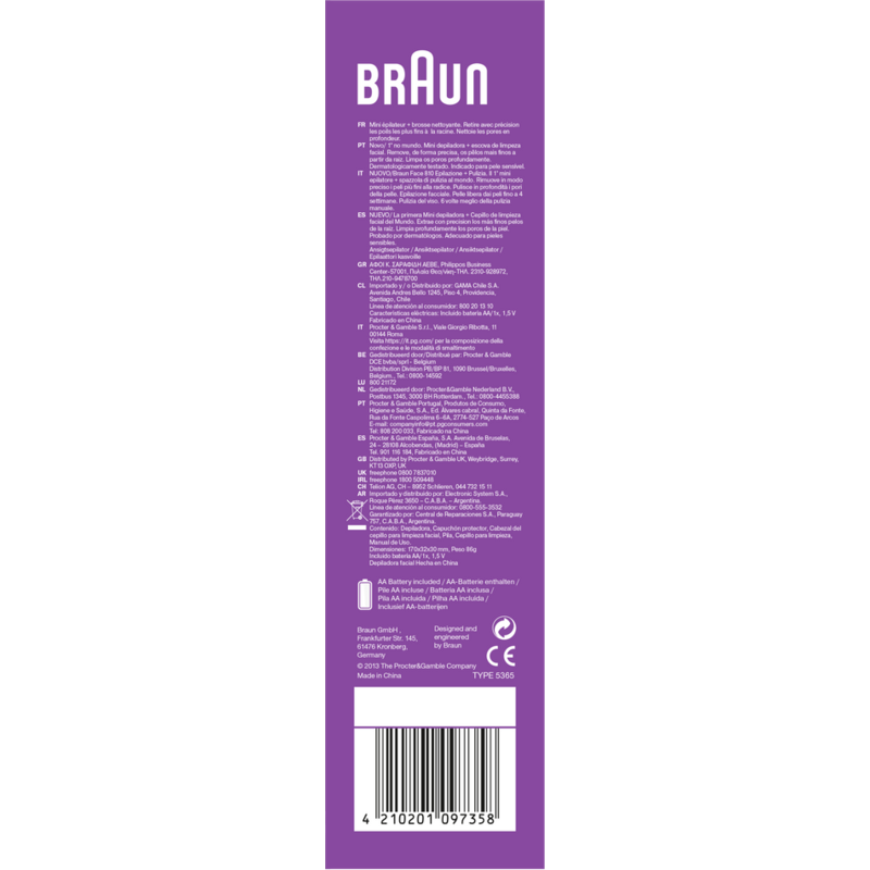 Parte trasera del paquete Braun FaceSpa con información del producto y texto en varios idiomas.