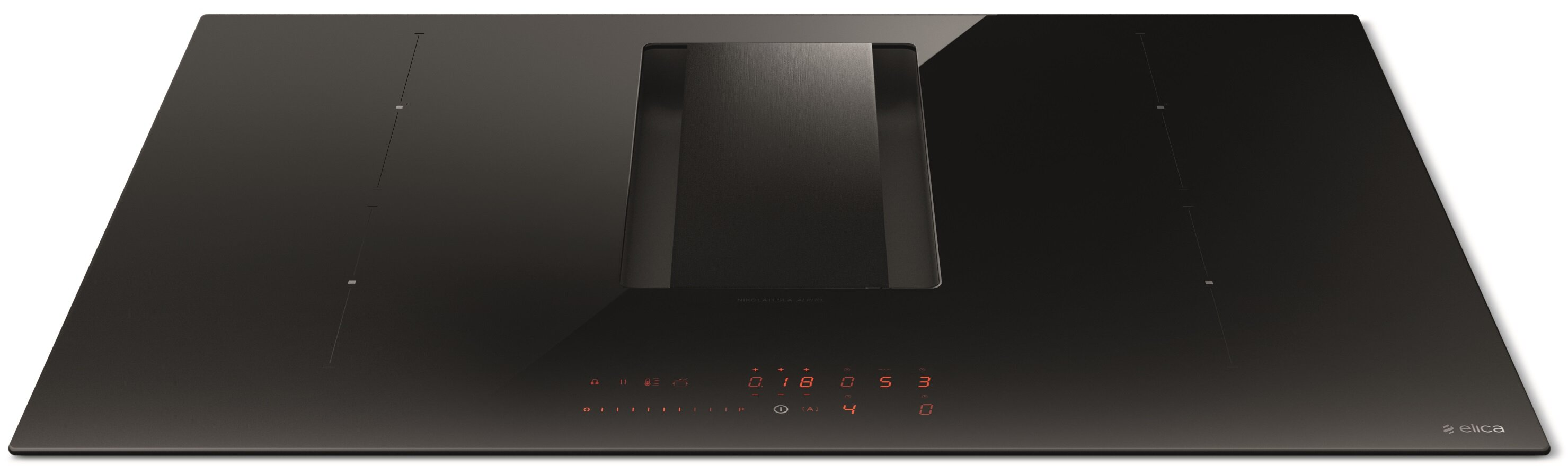 Czarna płyta grzewcza z wbudowanym okapem. Wyświetlacz cyfrowy pokazuje liczby. Elegancki, nowoczesny design.