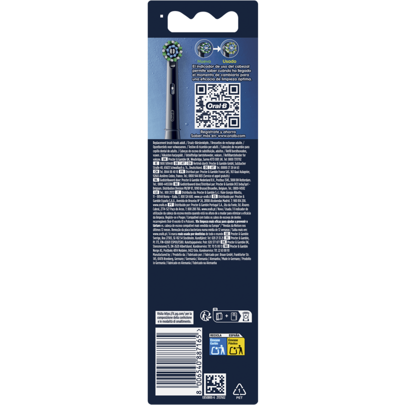 Un paquete de cabezales de cepillo de dientes con información del producto. Texto y código QR visibles. Fondo blanco.