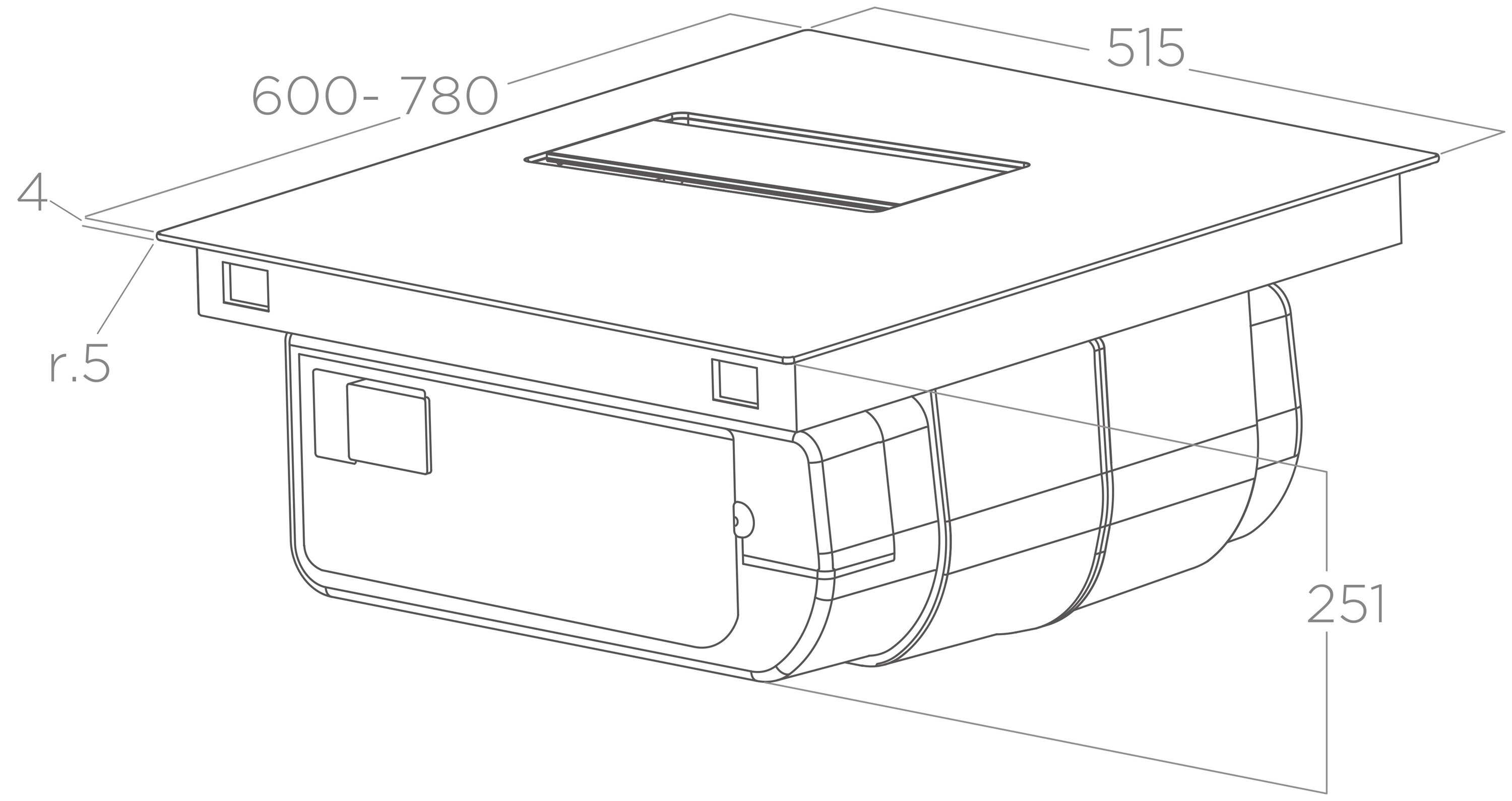 Rysunek techniczny płyty grzewczej. Pokazuje wymiary i szczegóły. Widok izometryczny.