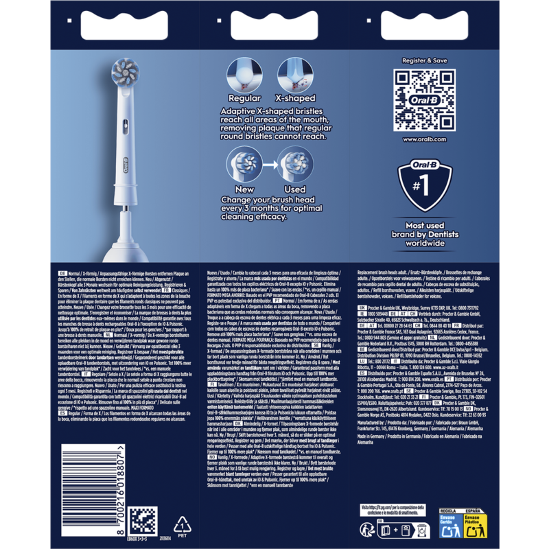 Un paquete de cabezales de cepillo de dientes con información del producto. Texto y código QR visibles. Fondo blanco.