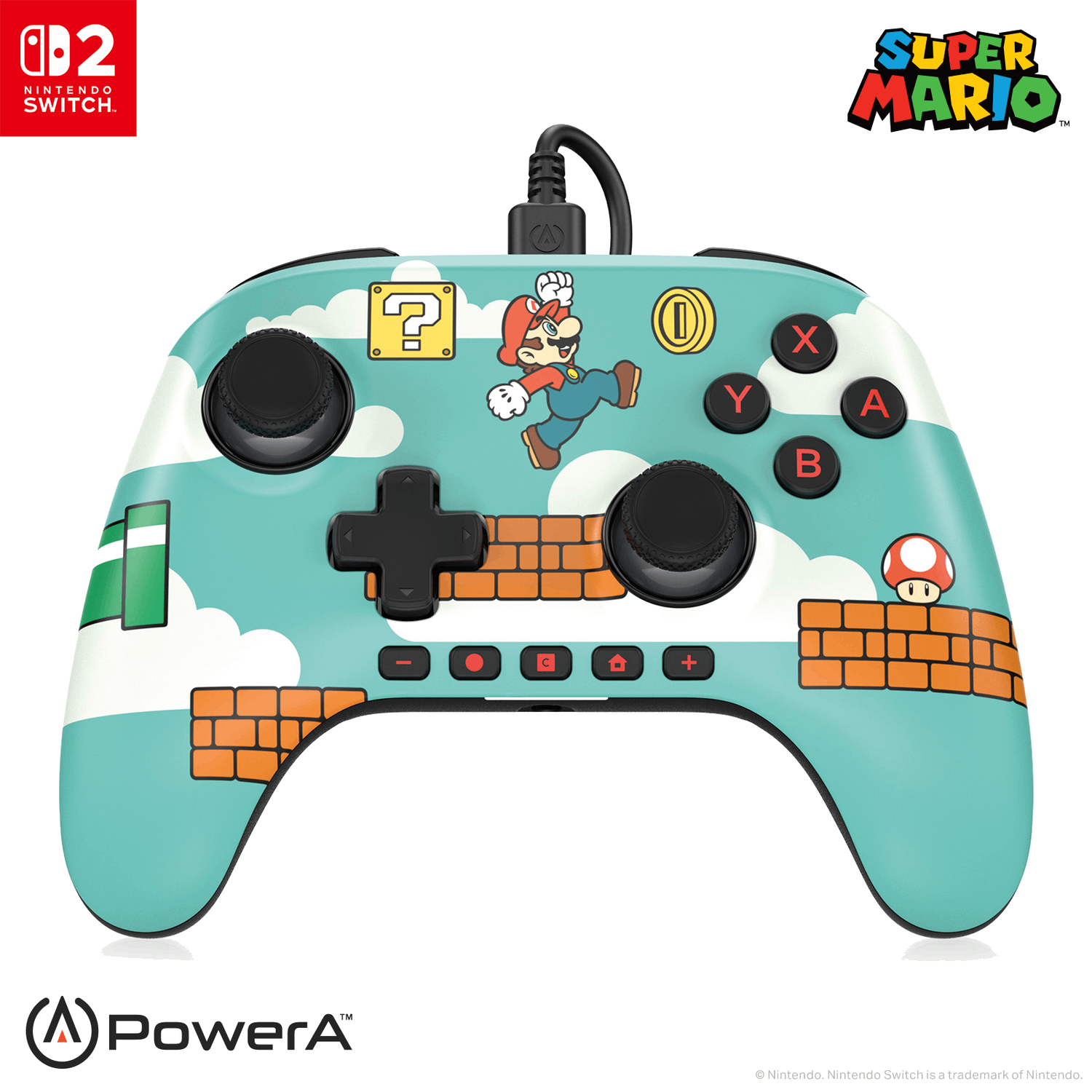 Une manette Mario turquoise avec Mario sautant. Boutons avec étiquettes X,Y,A,B. Fond ciel avec nuages.