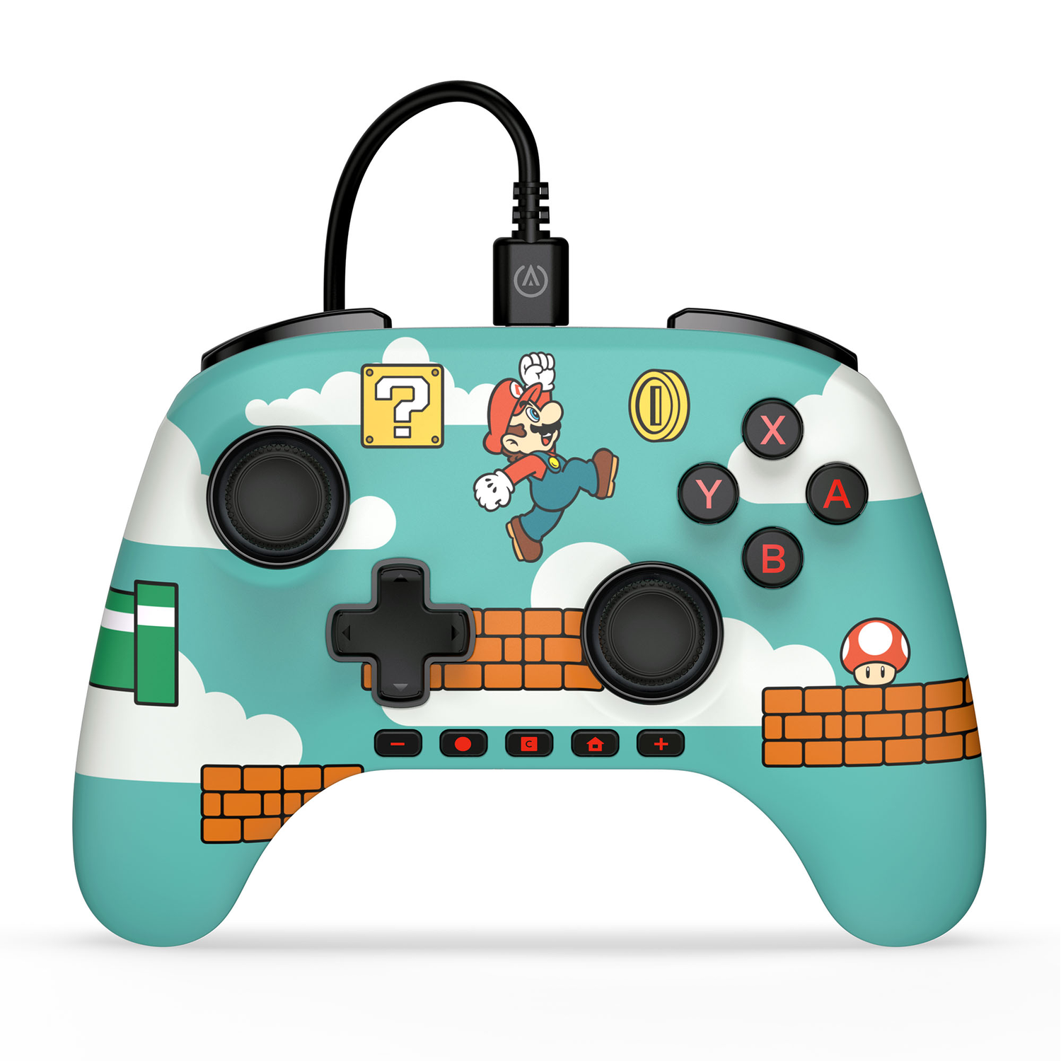 Une manette Mario turquoise avec Mario sautant. Boutons avec étiquettes X,Y,A,B. Fond blanc.