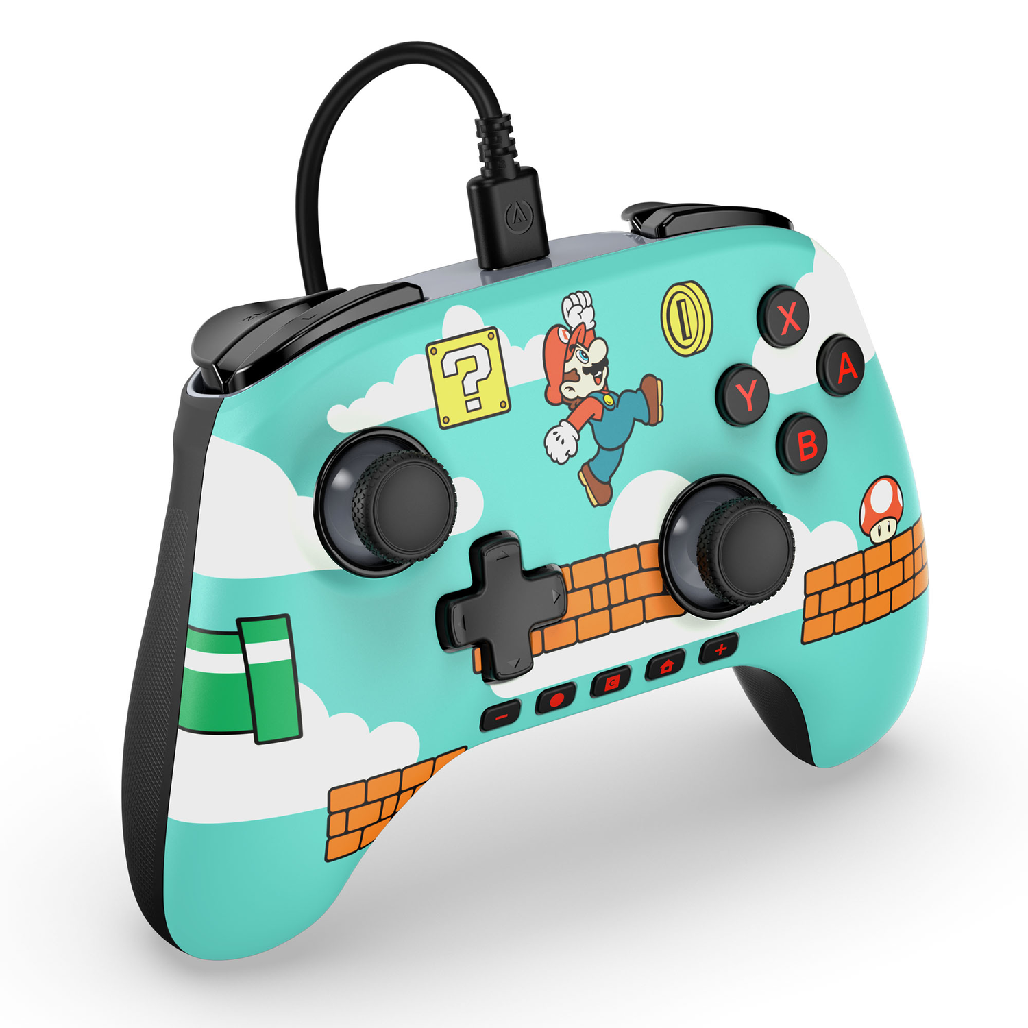Une manette Mario turquoise avec Mario sautant. Boutons avec étiquettes X,Y,A,B. Fond blanc.