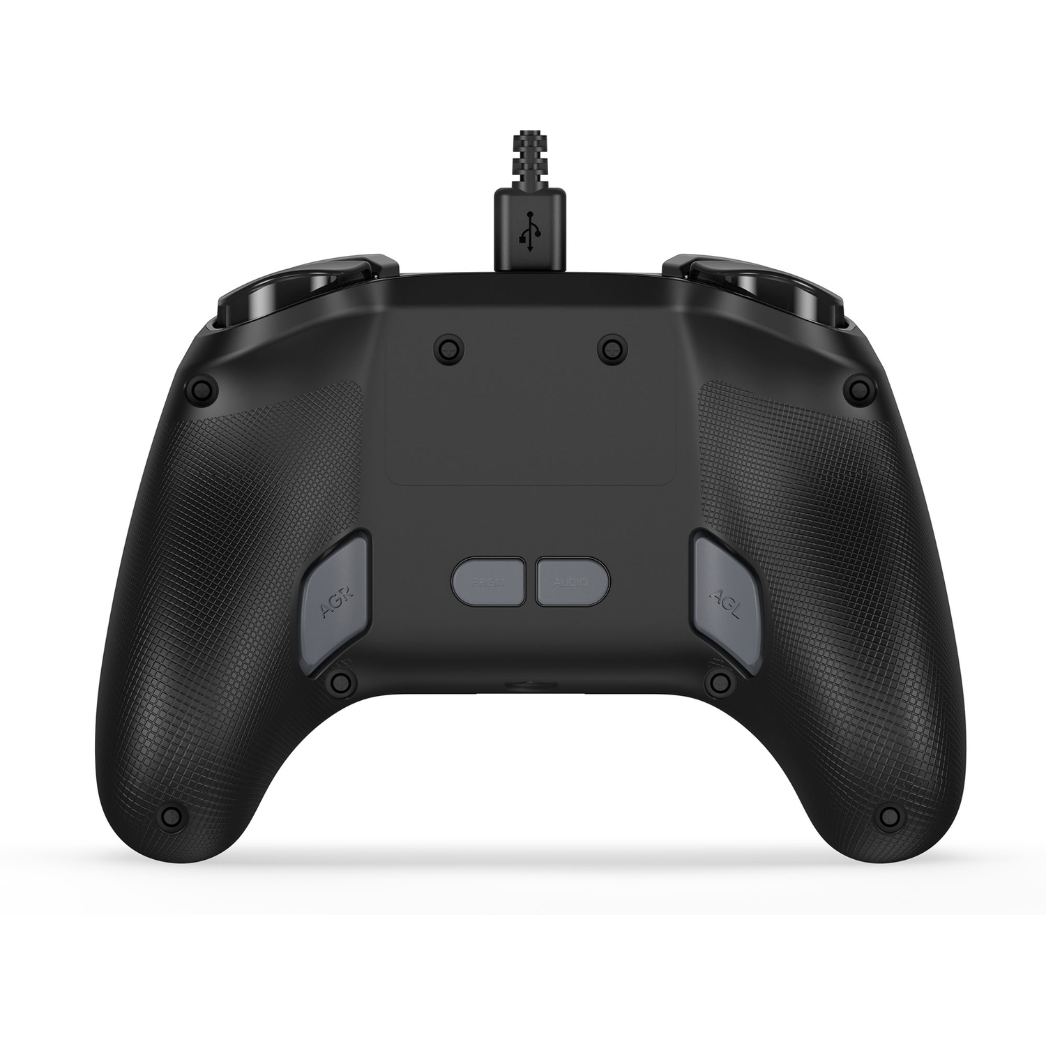 L'arrière d'une manette Mario noire, avec des boutons et un port USB. Il y a des étiquettes AGX et AGL.