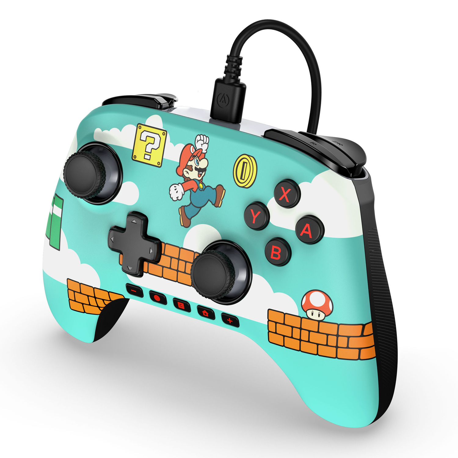 Une manette Mario turquoise avec Mario sautant. Boutons avec étiquettes X,Y,A,B. Fond blanc.