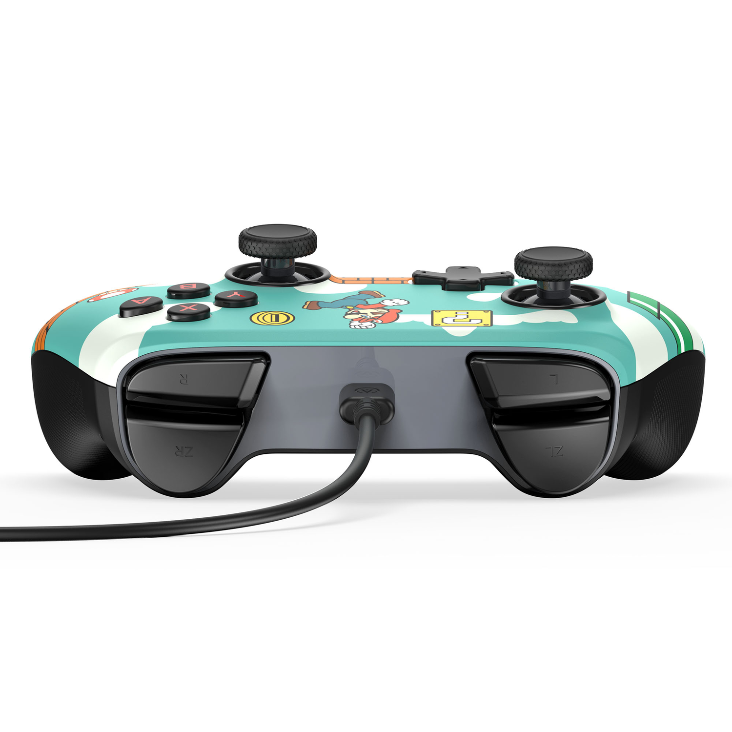 L'arrière d'une manette Mario turquoise avec des boutons. Le fond est blanc.