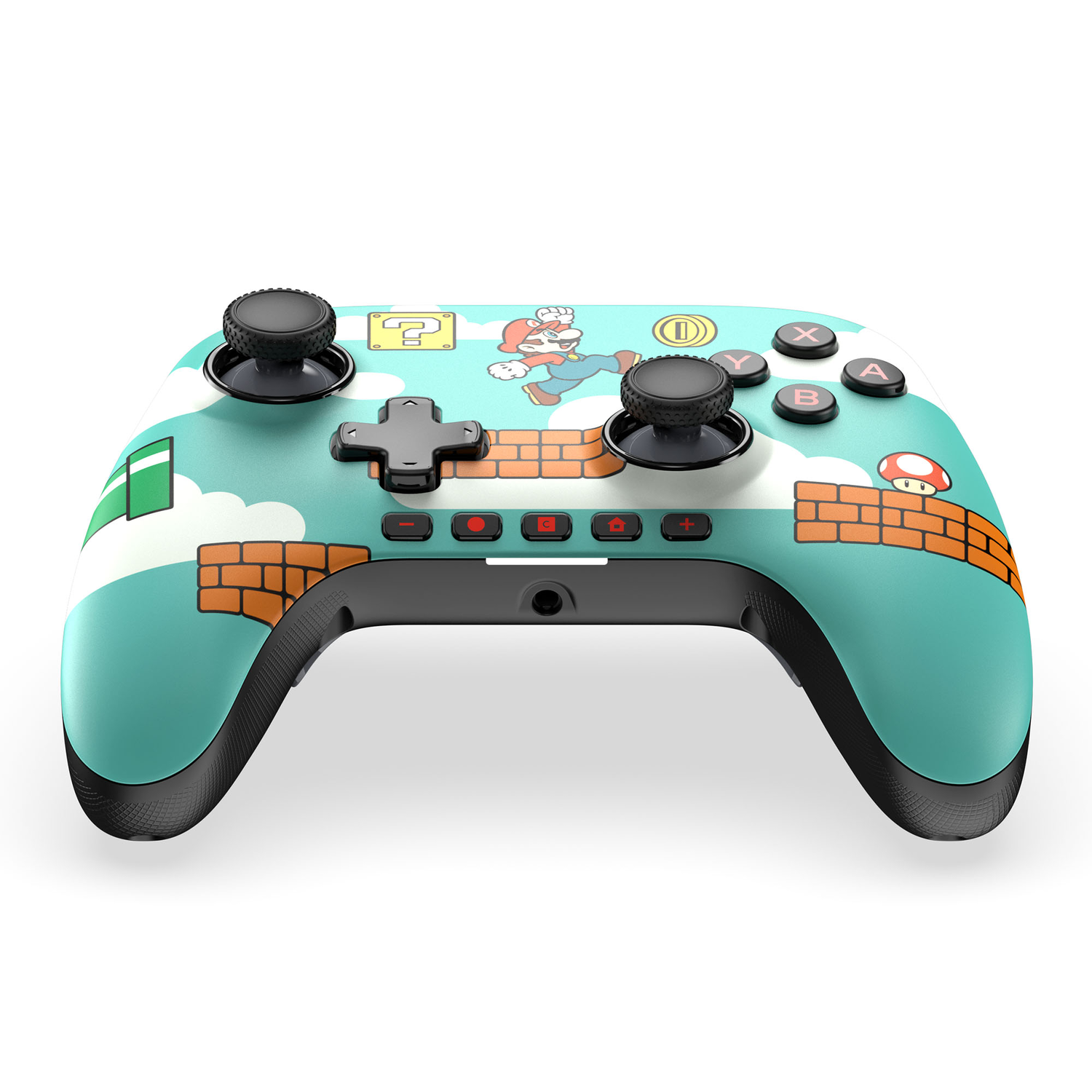 Une manette Mario turquoise avec Mario sautant. Boutons avec étiquettes X,Y,A,B. Fond blanc.