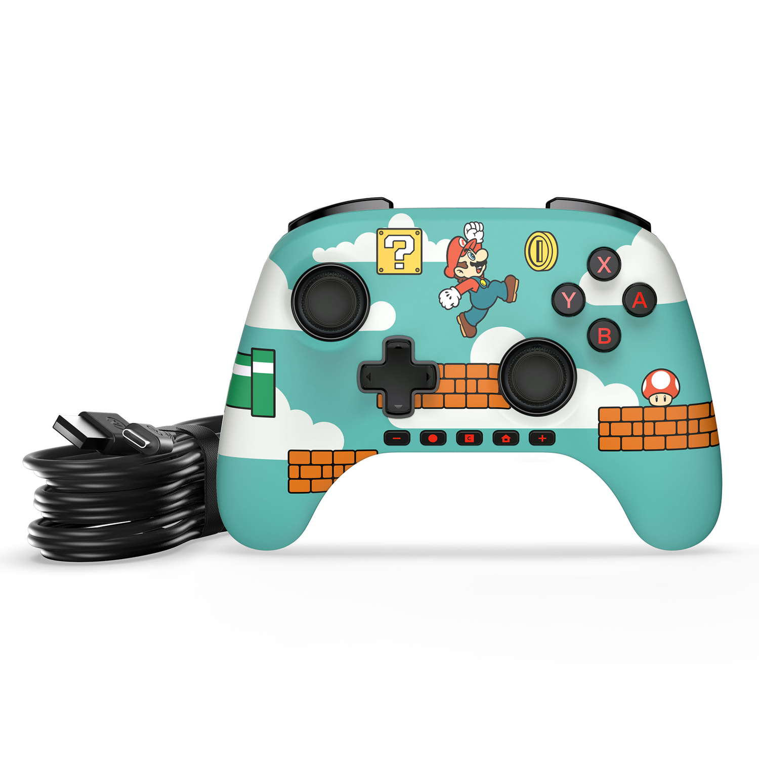 Une manette Mario turquoise avec Mario sautant. Boutons avec étiquettes X,Y,A,B. Fond blanc.