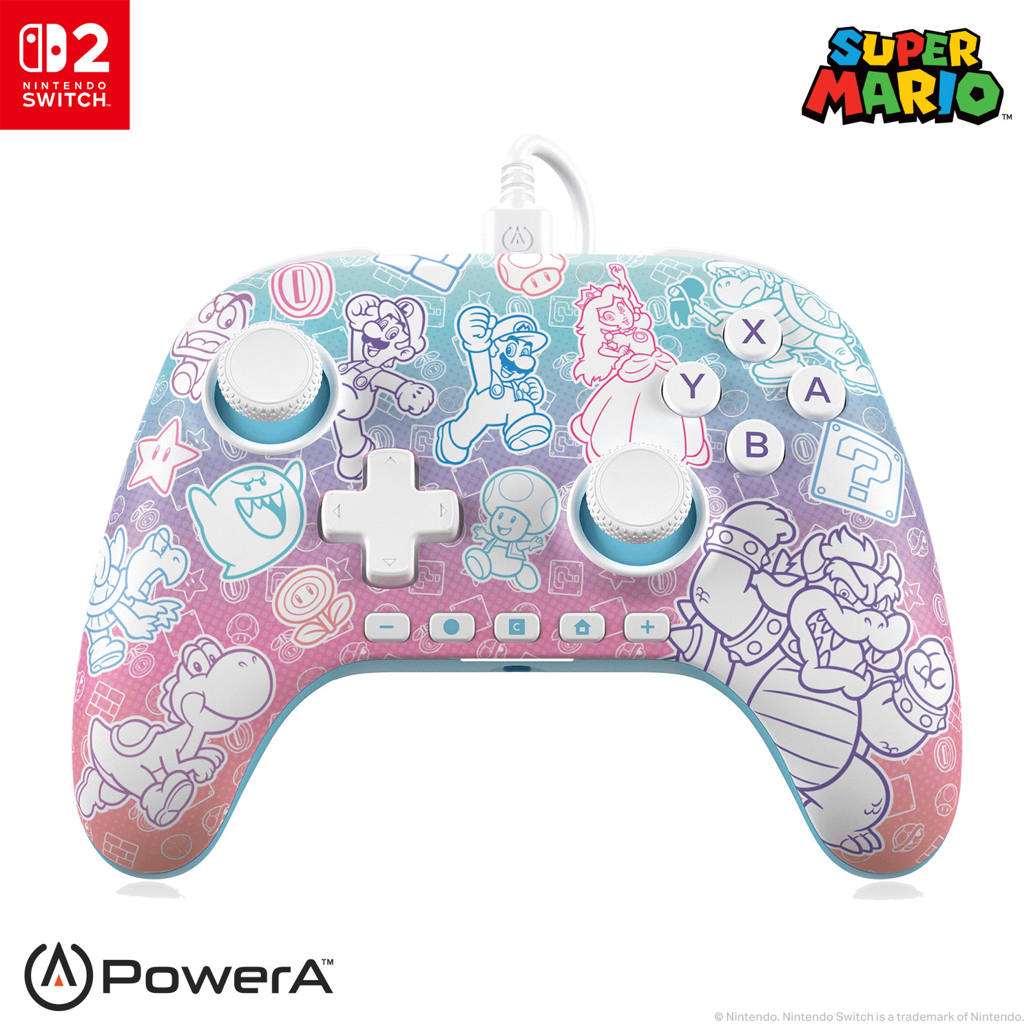Une manette Mario avec divers personnages de dessins animés. Boutons avec étiquettes X,Y,A,B. Fond noir.