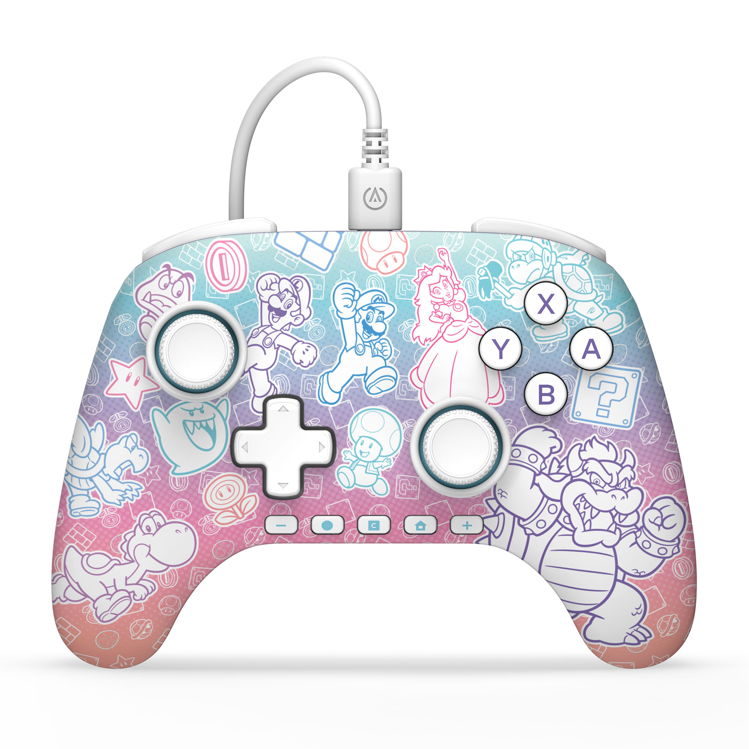 Une manette avec des personnages de Mario. Boutons avec étiquettes X,Y,A,B. Le fond est blanc.