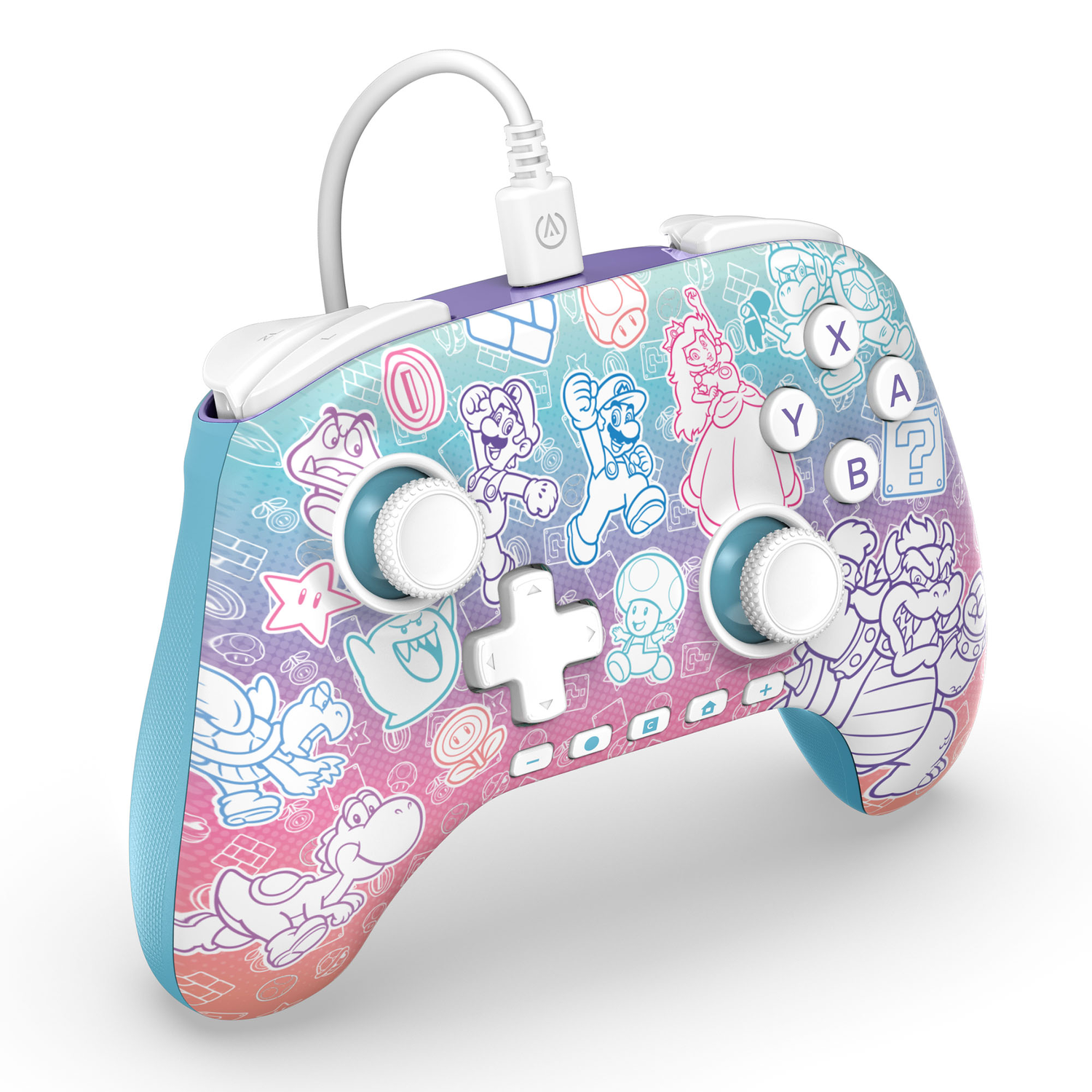 Une manette avec des personnages de Mario. Boutons avec étiquettes X,Y,A,B. Le fond est blanc.
