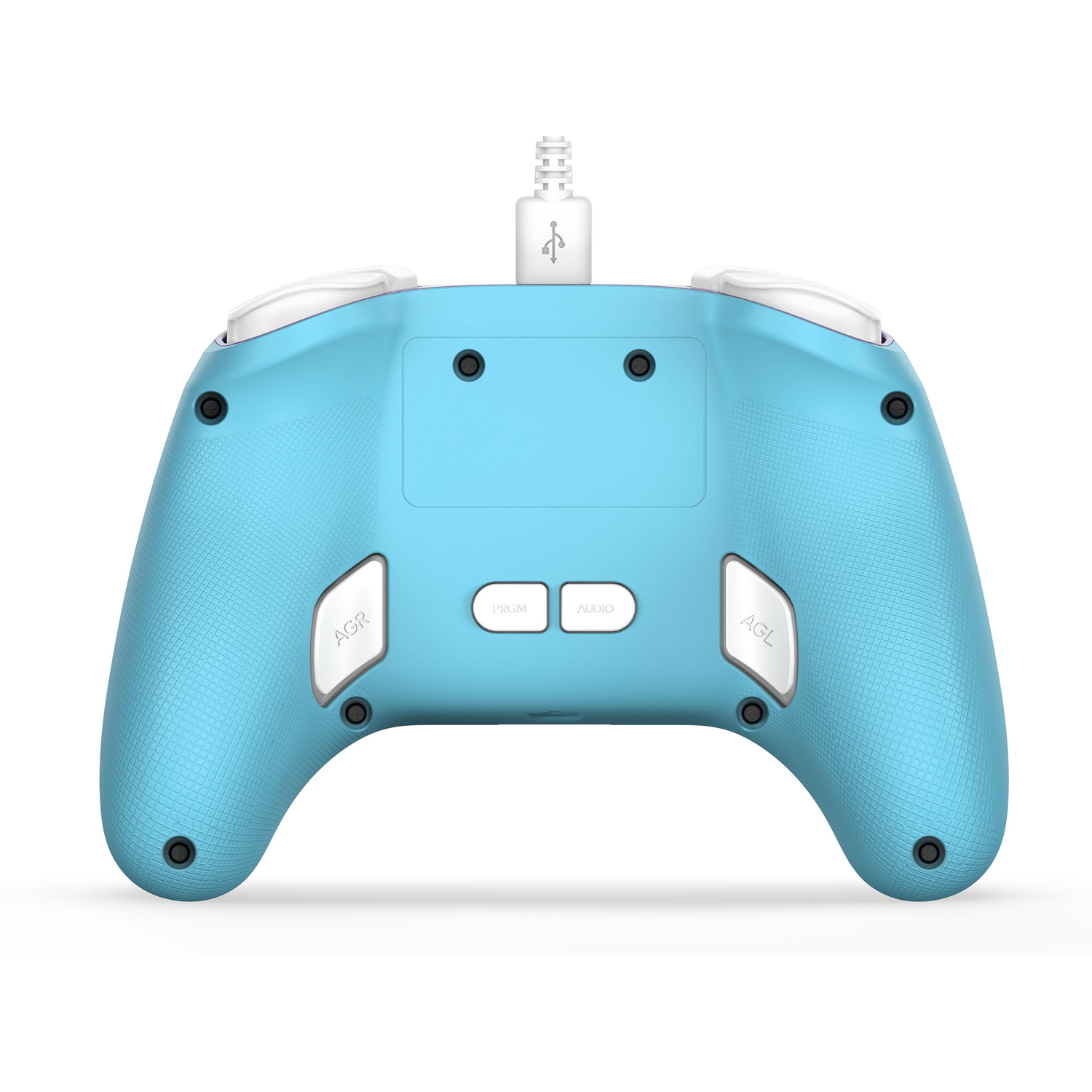 L'arrière d'une manette bleu clair avec des boutons. Le fond est blanc.