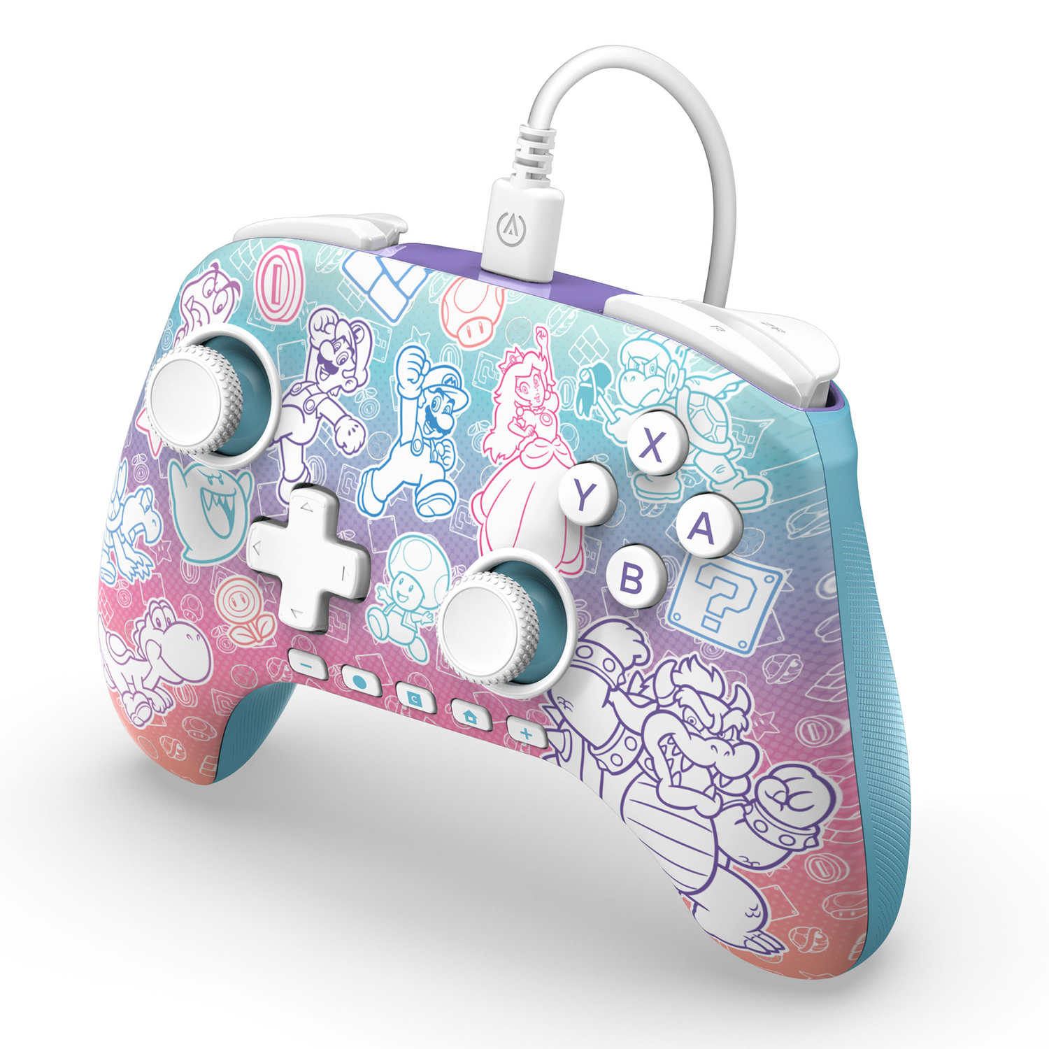 Une manette bleue et rose avec des personnages de Mario.