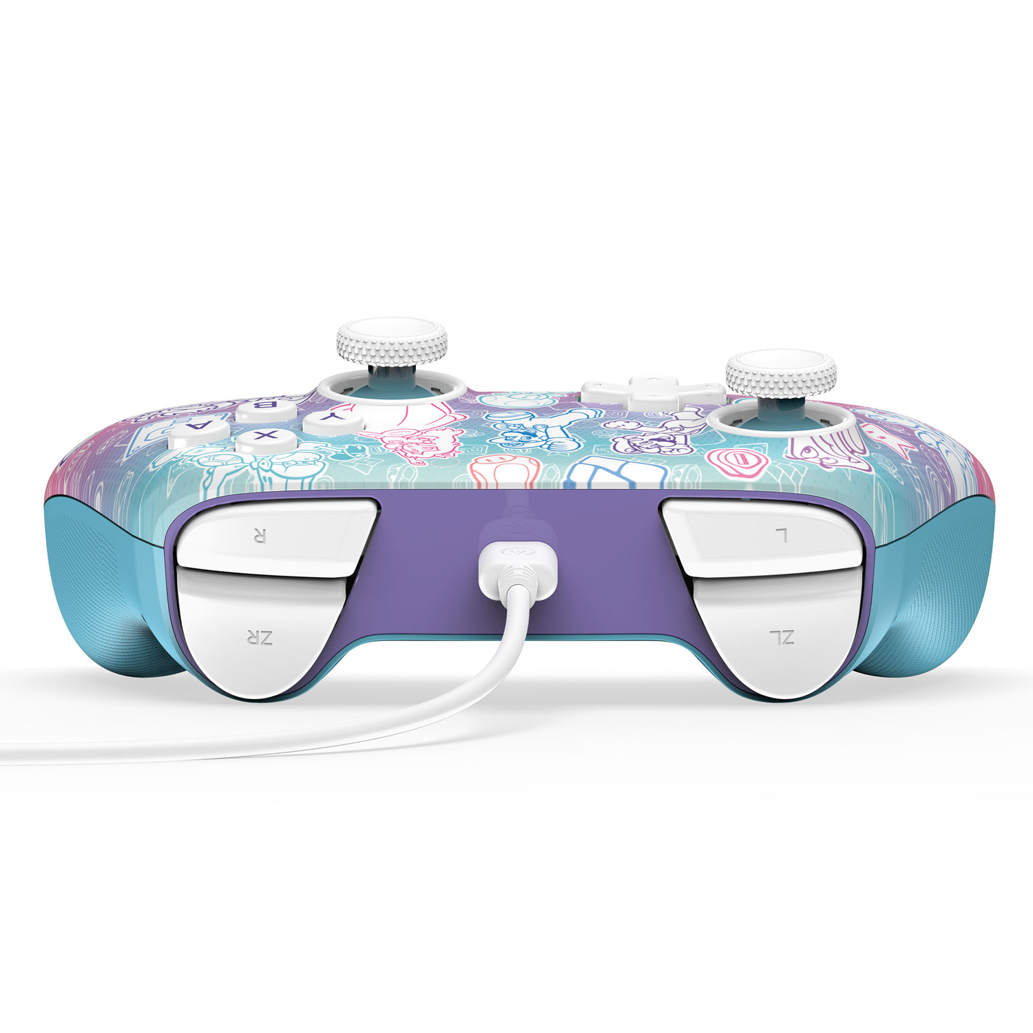 Vue arrière d'une manette bleue et rose avec des personnages de Mario.