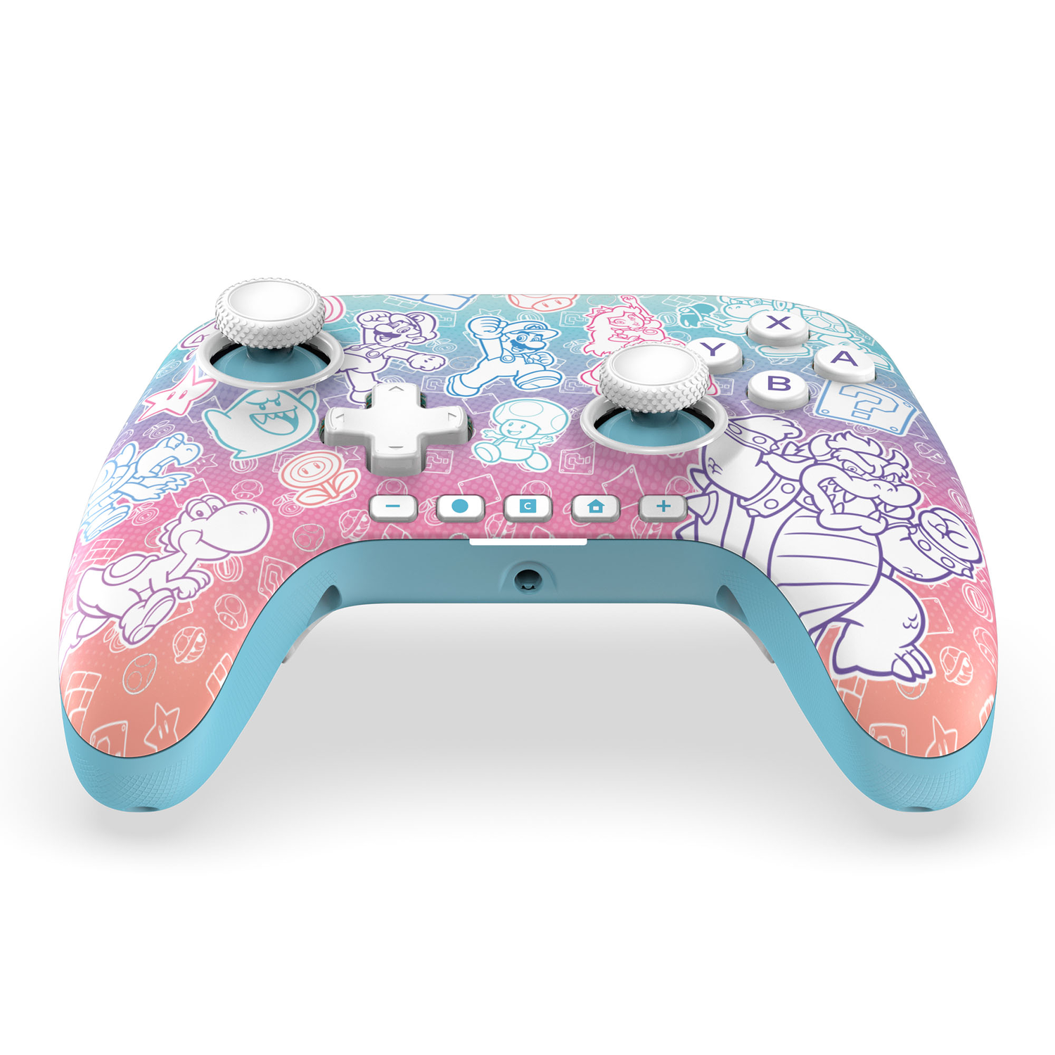 Vue de face d'une manette bleue et rose avec des personnages de Mario.