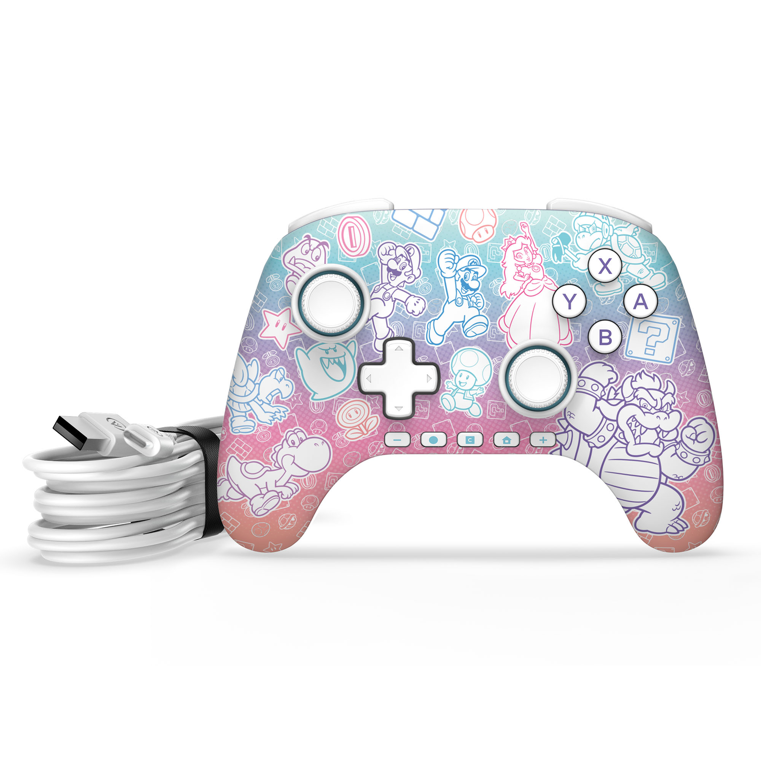 Une manette avec des personnages de Mario, avec un câble blanc.