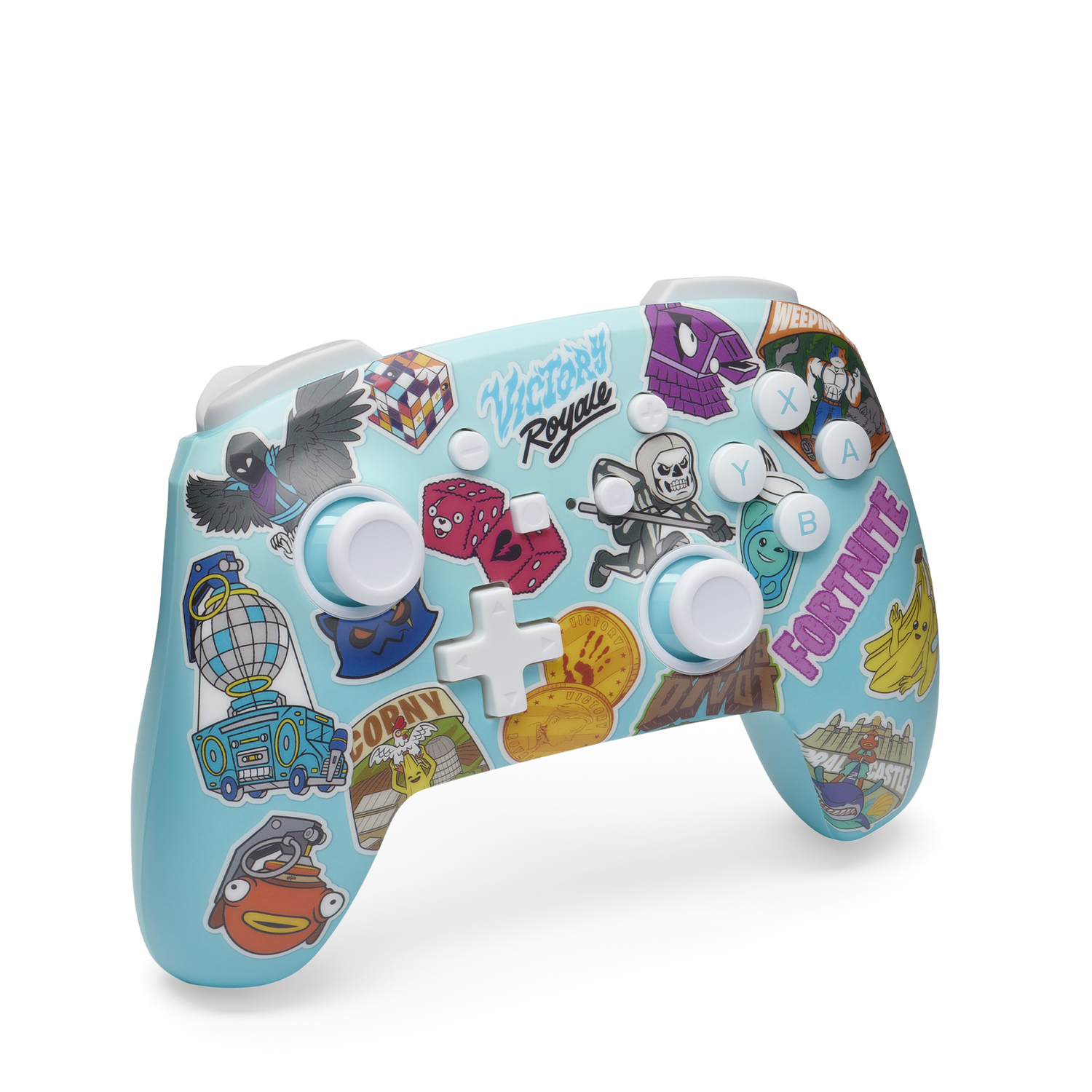 A blue Fortnite controller with various game character stickers.