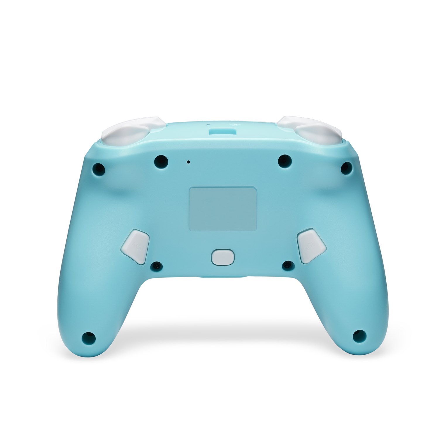 Back view of a blue Fortnite controller. It has buttons and ports.