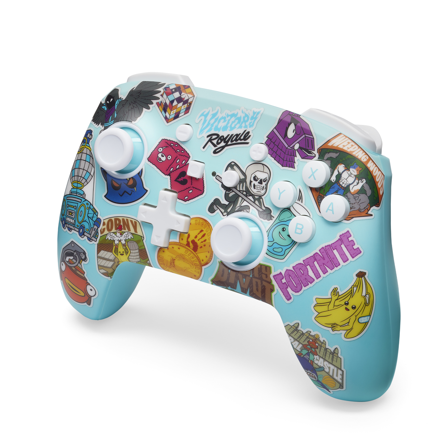 Blue Fortnite controller with game characters on the front.