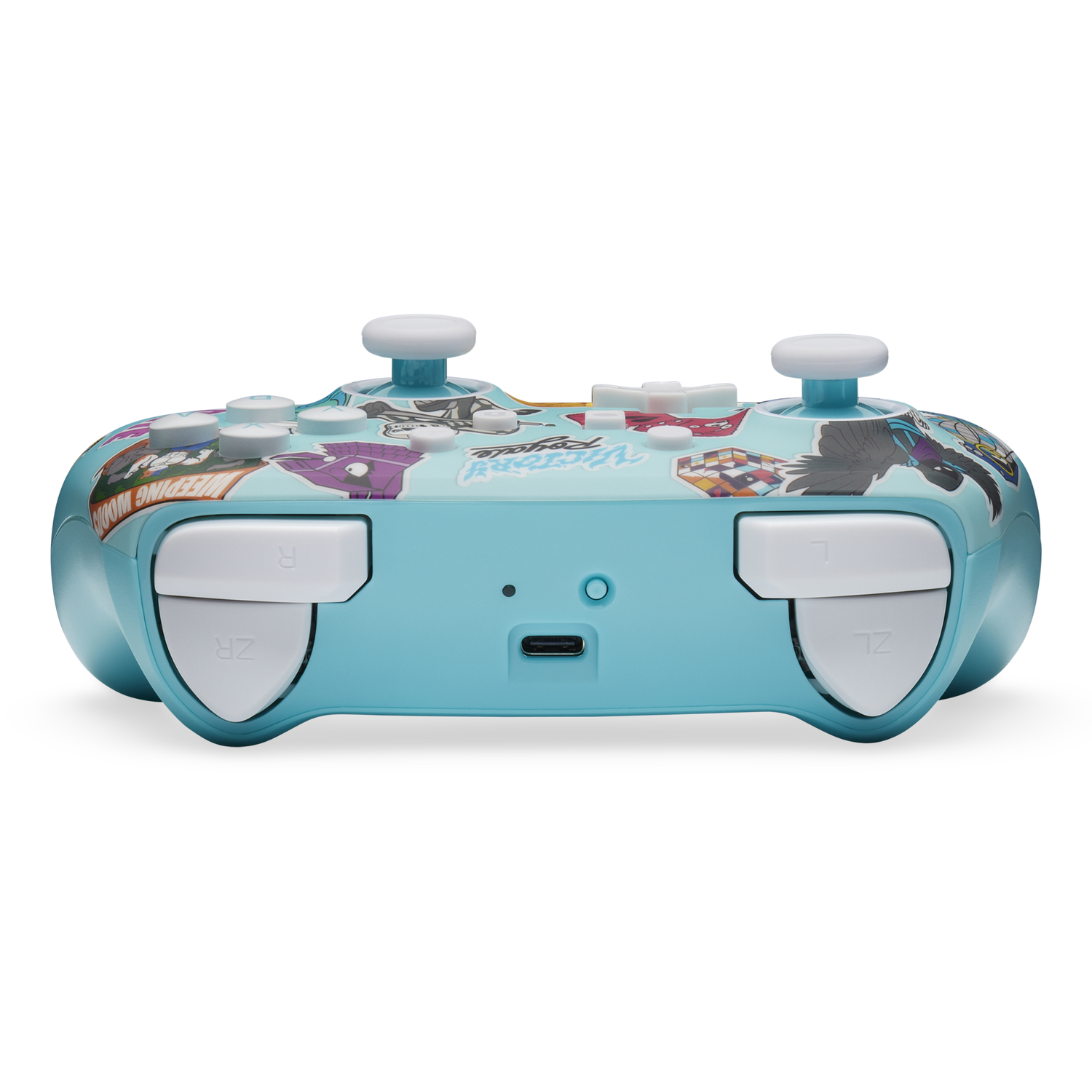 Back view of a blue Fortnite controller showing the bottom buttons.