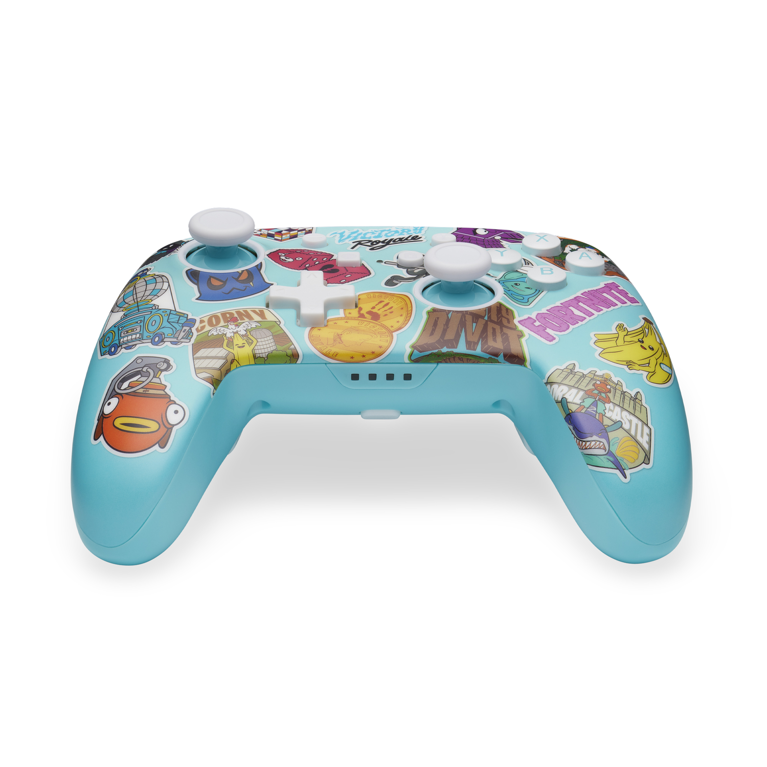 A blue Fortnite controller with stickers laid flat.