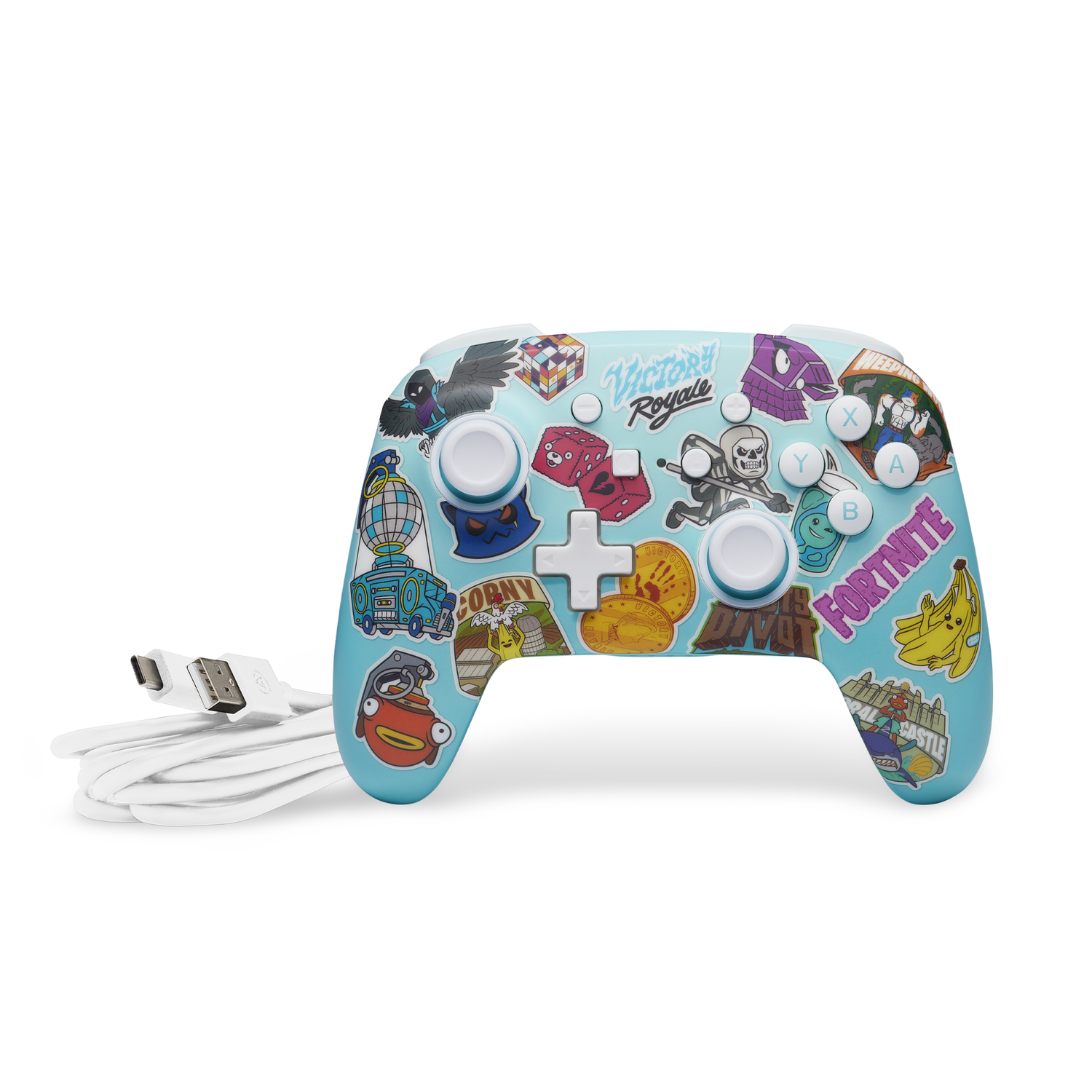 A Fortnite controller with a white cable next to it.