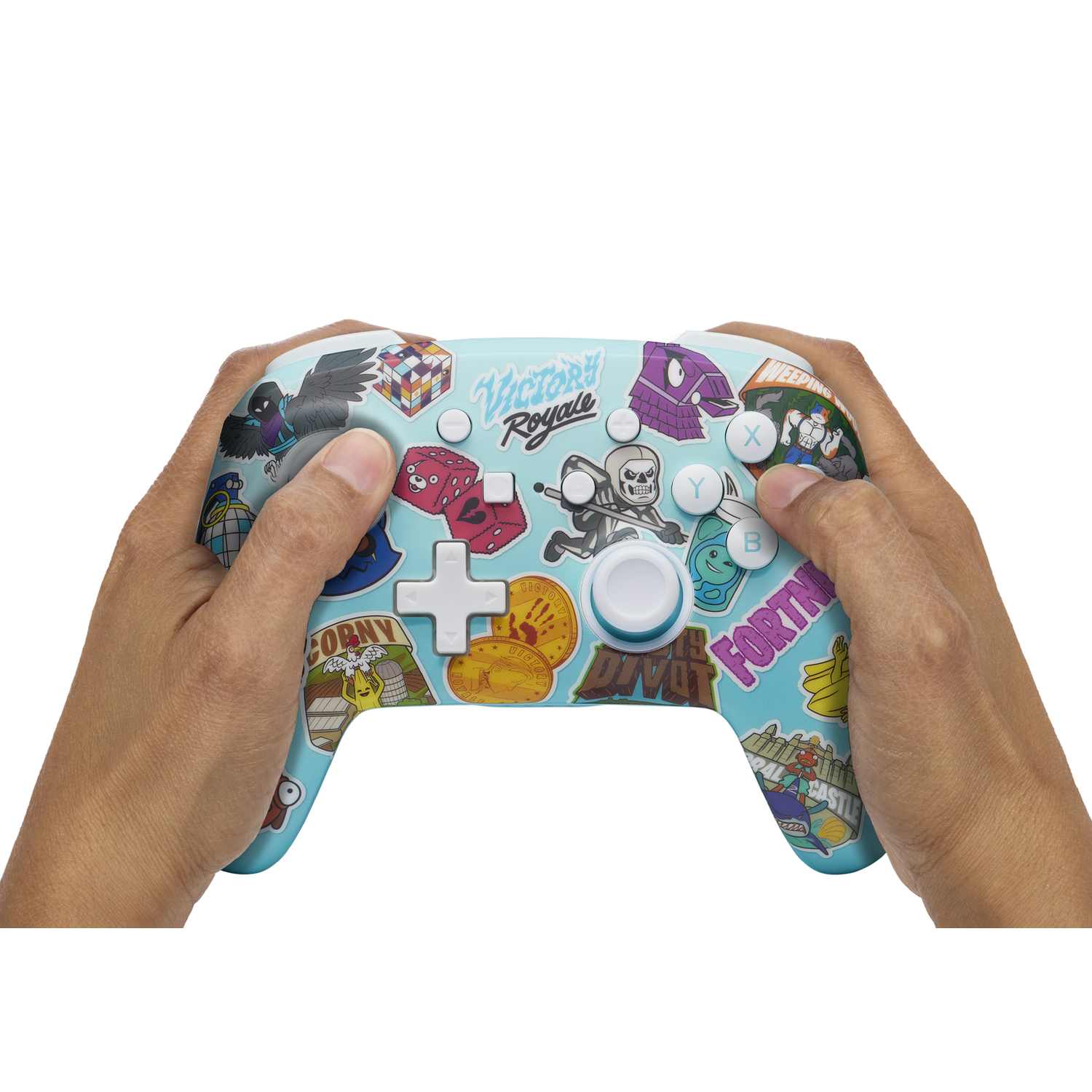 Hands holding a blue Fortnite controller with stickers.