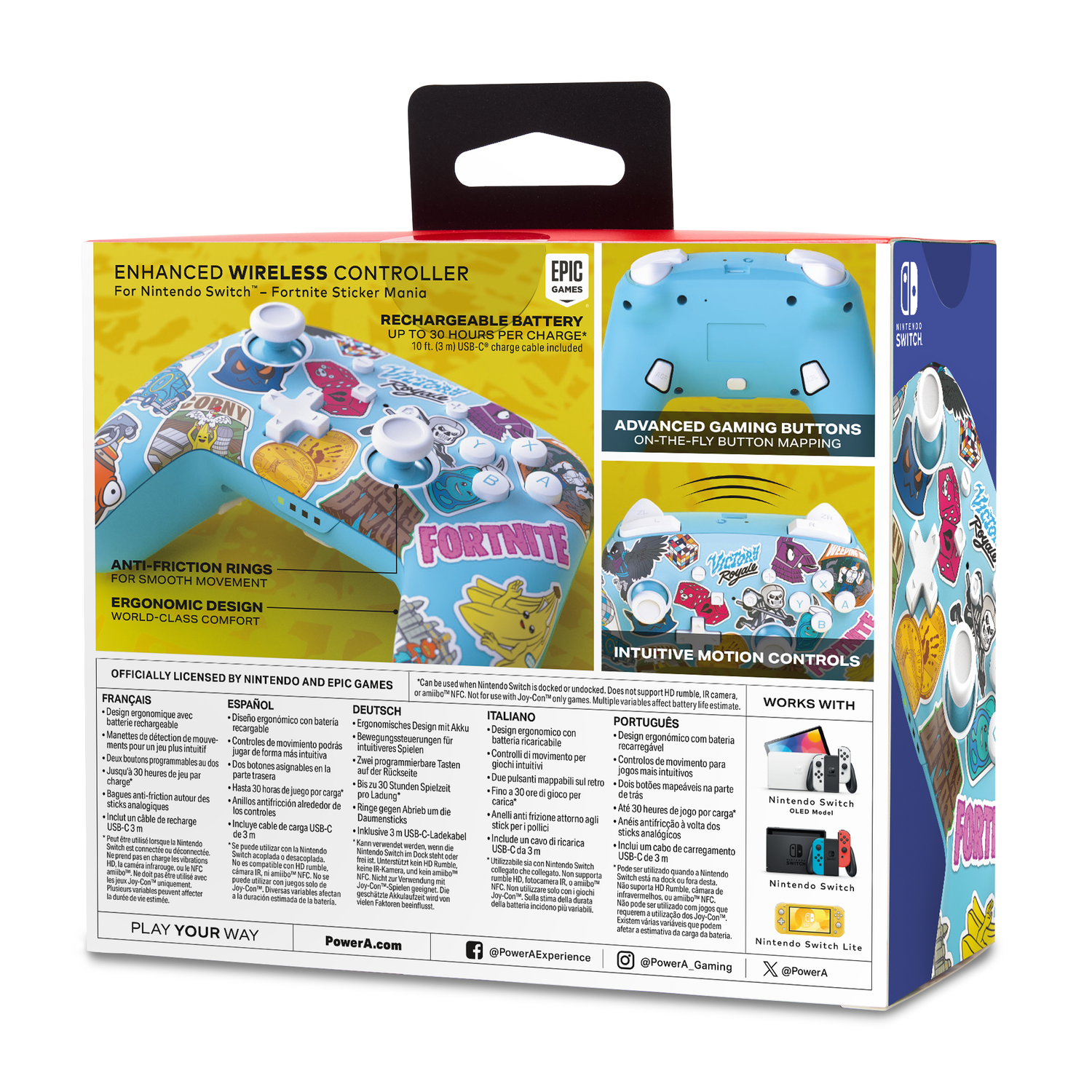 Back of a box for a Fortnite controller with details.