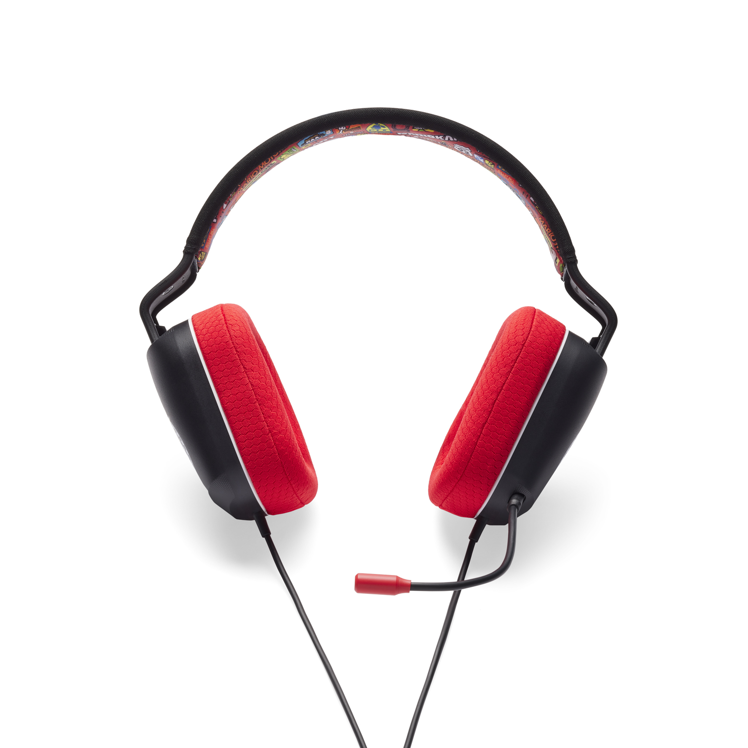 Gaming headphones with red earcups and a microphone, black frame, white background.