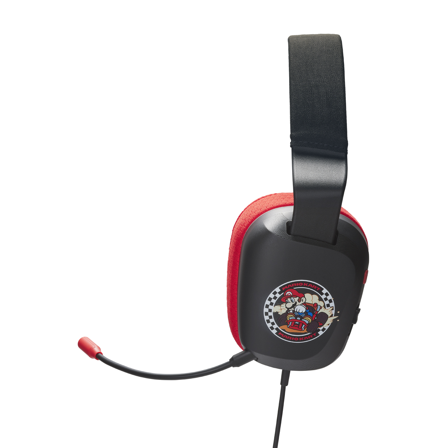 Gaming headset with red earcups, black frame, Mario Kart logo, and microphone.
