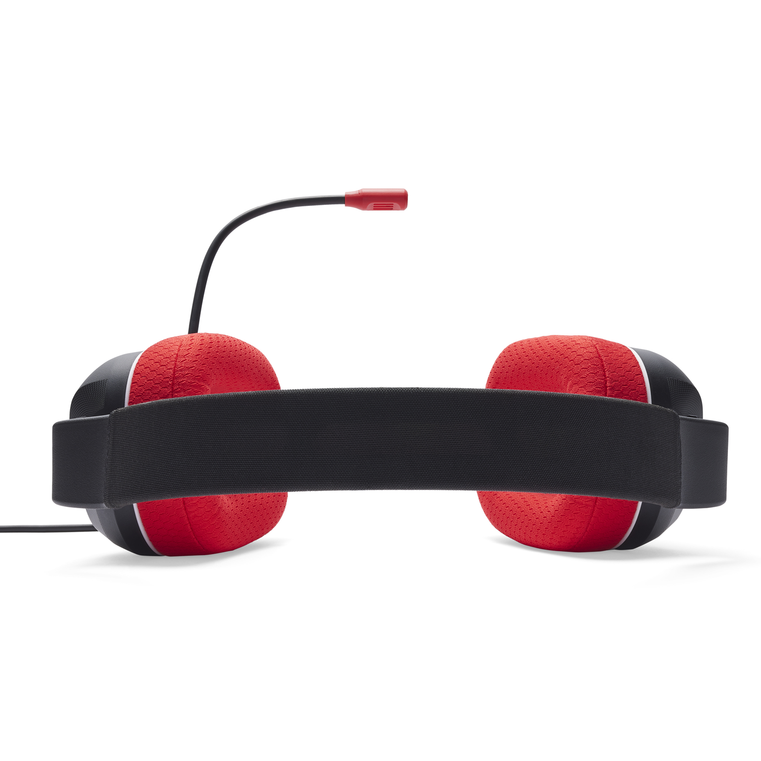 Gaming headset with red earcups and a black headband, and a microphone, white background.