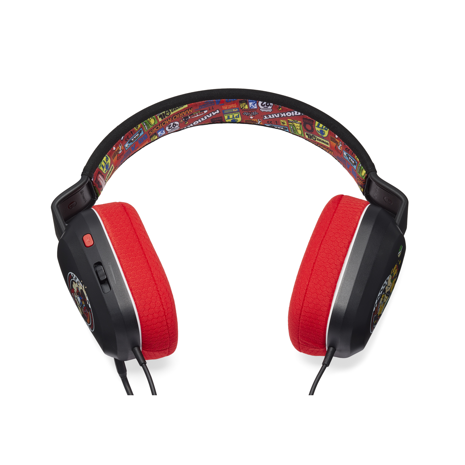 Over-ear gaming headset with red earcups and a Mario Kart themed headband, white background.