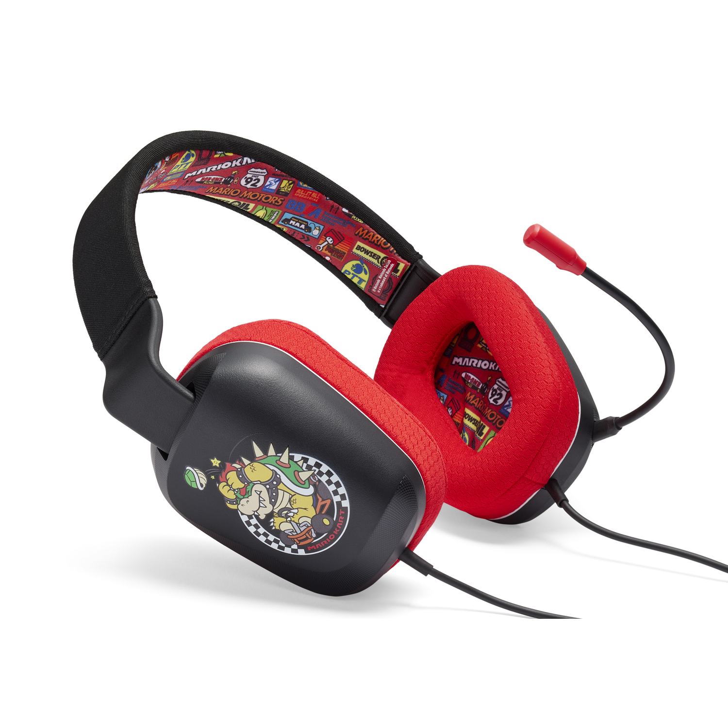 Gaming headset with red earcups, black frame, a Mario Kart logo, and a microphone, white background.