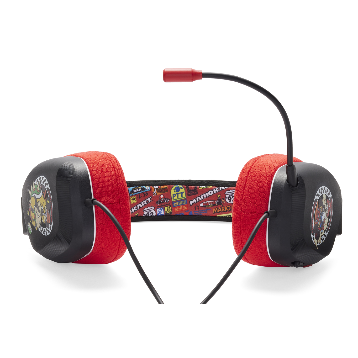 Gaming headset with red earcups, a Mario Kart logo, and a microphone, black frame, white background.