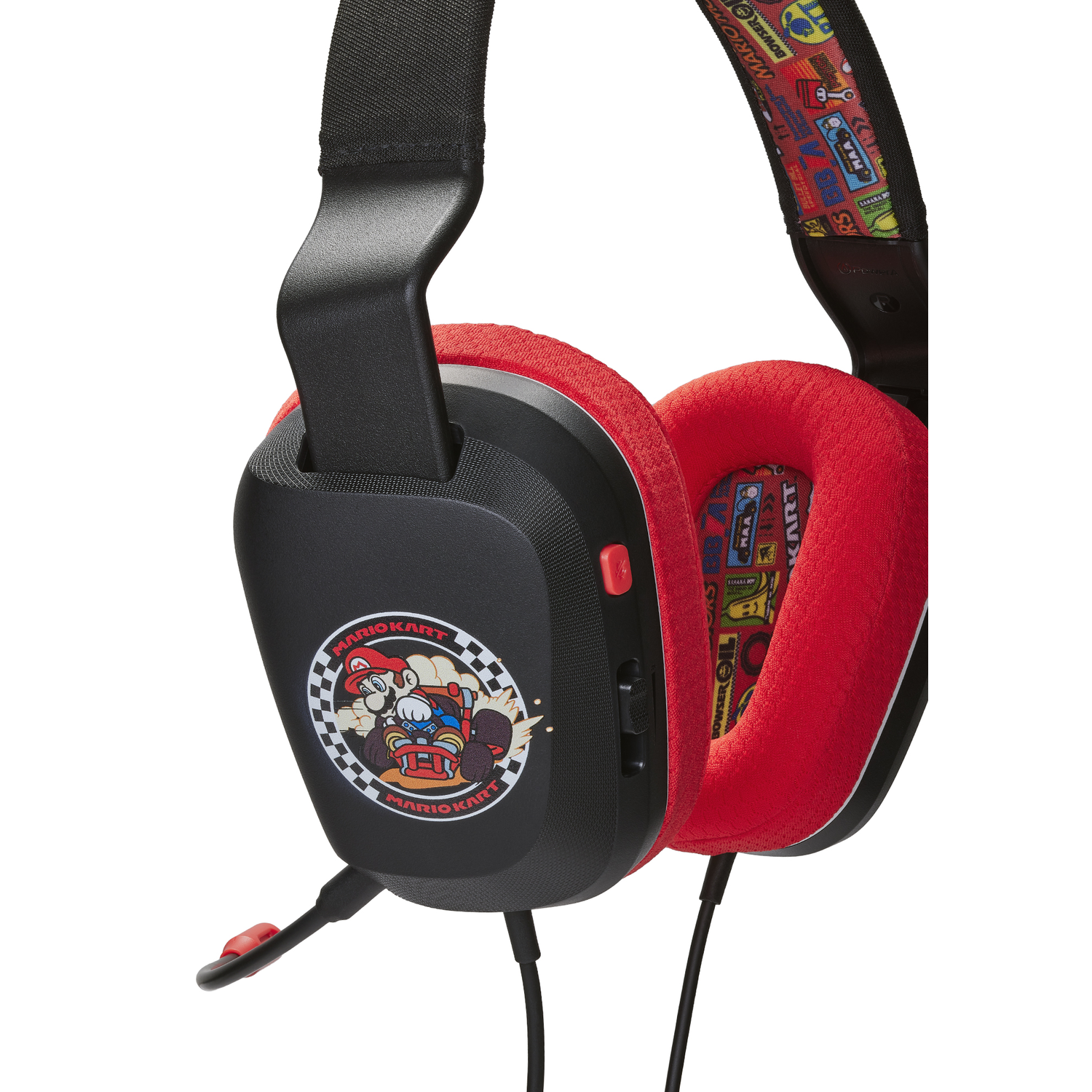 Gaming headset with red earcups, black frame, Mario Kart logo, and microphone, white background.