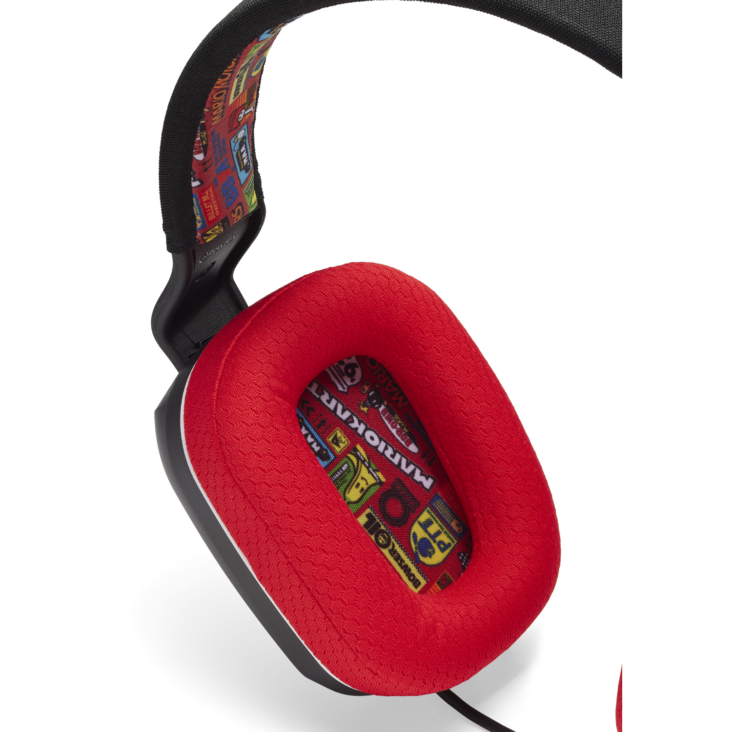 Gaming headset with red earcups, black frame, and a Mario Kart themed headband, white background.
