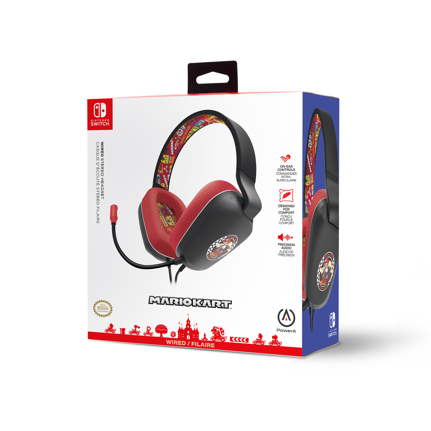 Mario Kart gaming headset box. Features the headset, Switch logo, and product details, white background.