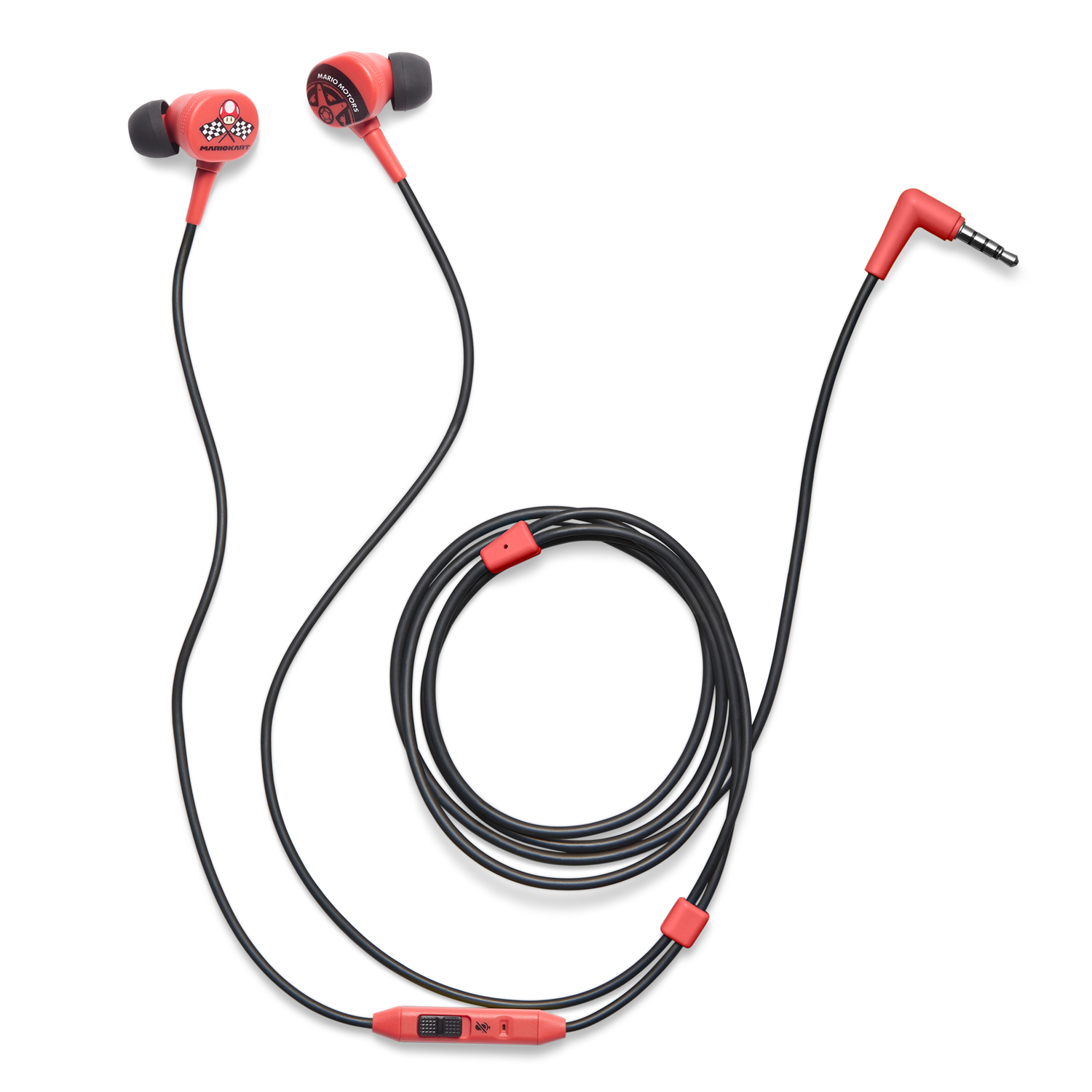 Mario Kart earbuds with a red cable. Includes a control box and a 3.5mm connector.